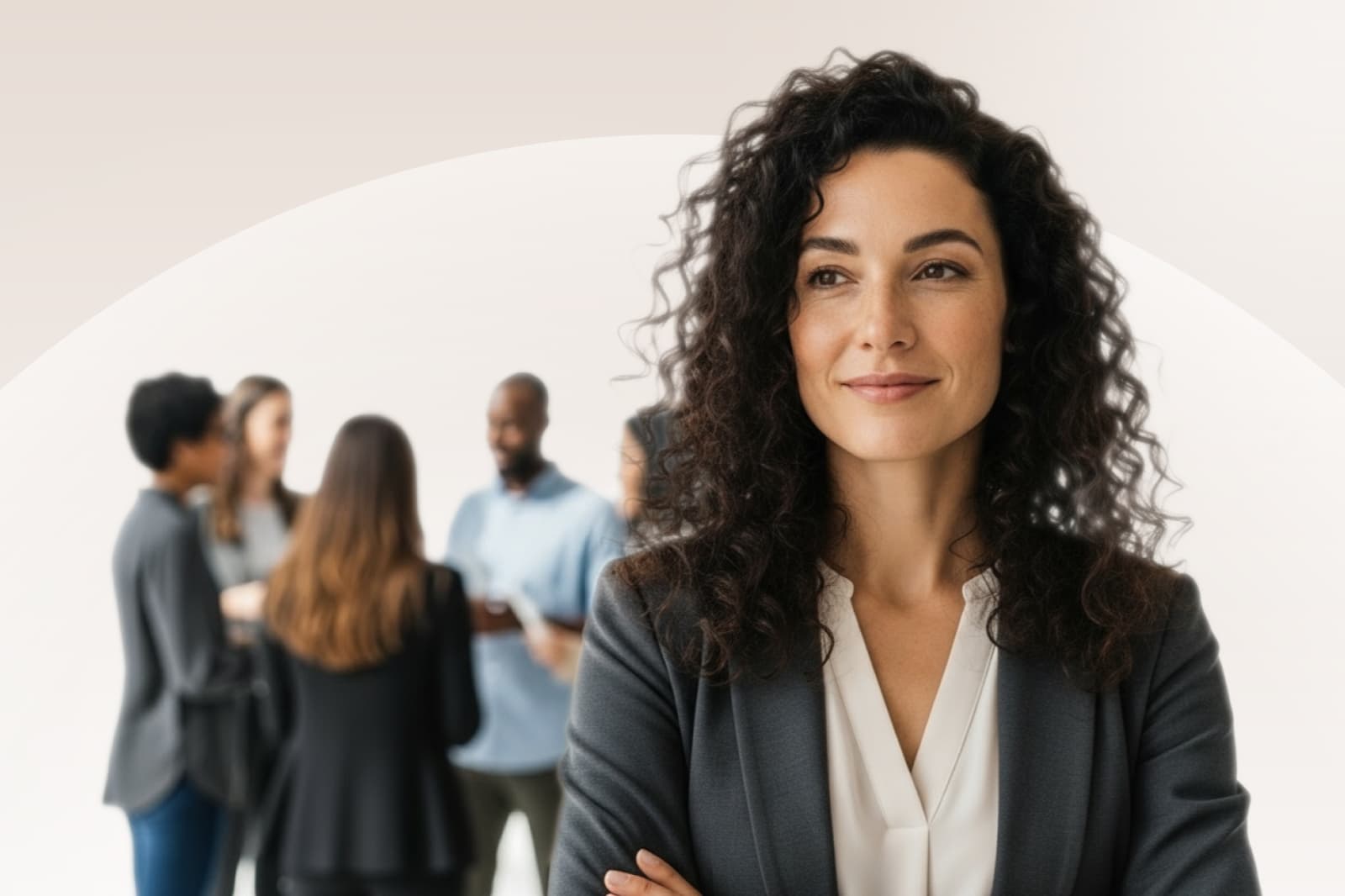 Woman with curly hair in a suit smiles confidently, standing apart from a blurred group of people in conversation in the background.