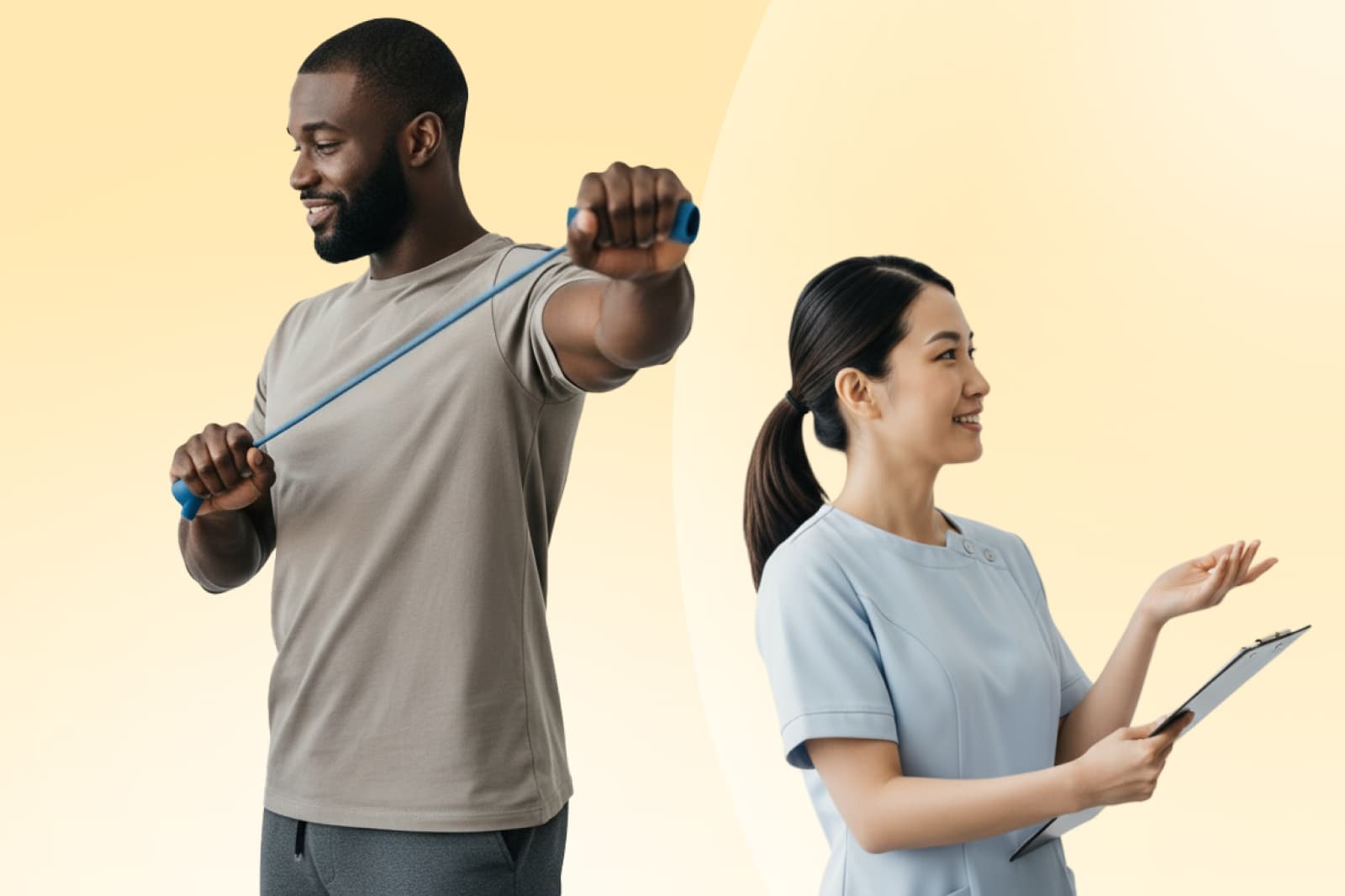 Un homme fait des exercices avec une bande élastique pendant qu'une femme en uniforme tient un presse-papiers, tous deux souriants sur un fond jaune doux.