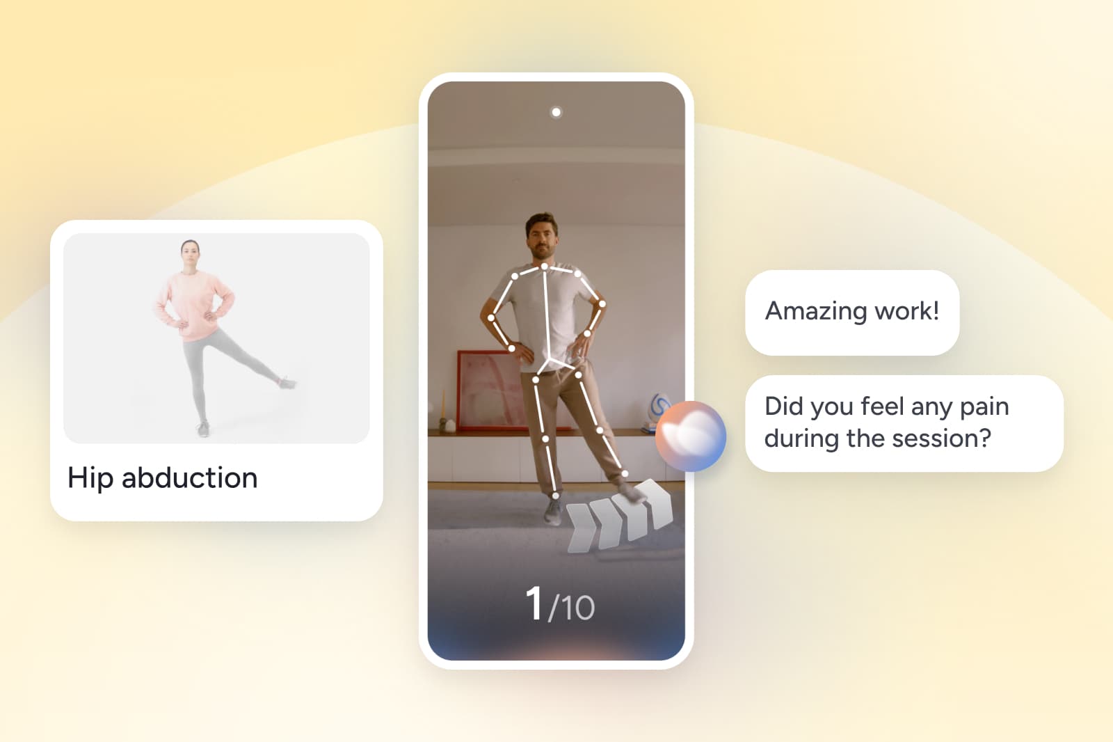A digital fitness app shows a man performing a hip abduction exercise, with progress arrows and on-screen feedback like Amazing work! and Did you feel any pain during the session?.