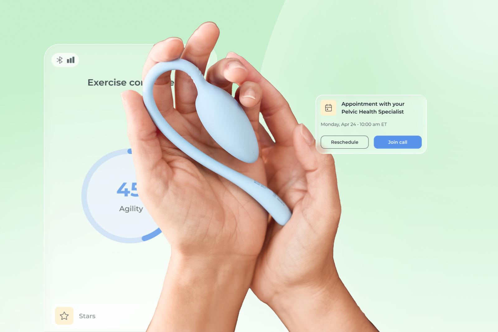 Hands holding a blue pelvic floor trainer with app interface showing exercise completion and a health appointment reminder.