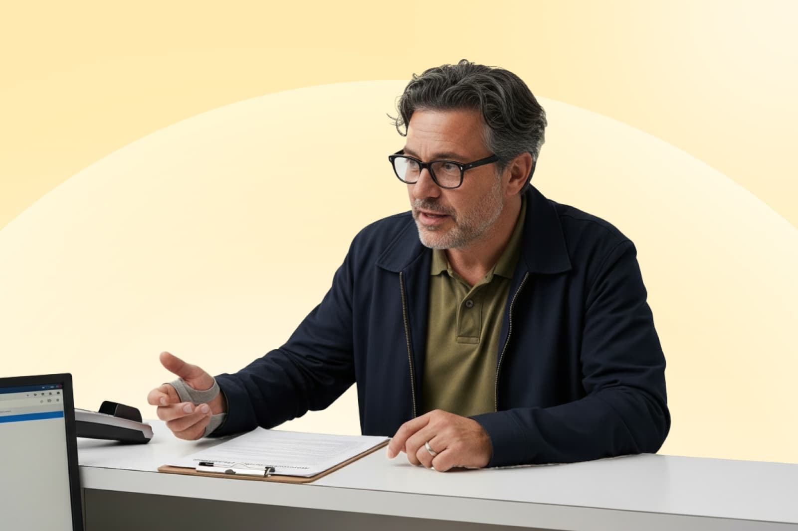 Man with glasses and a beard talks, sitting at a desk with a clipboard and a computer, against a light yellow background.