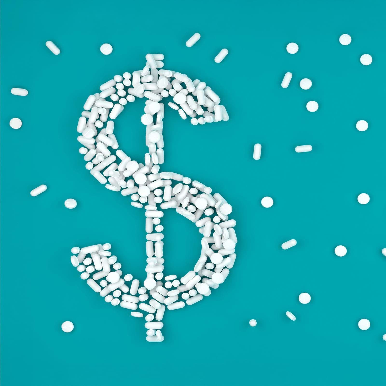 White pills arranged in a dollar sign shape on a teal background, with scattered pills around.