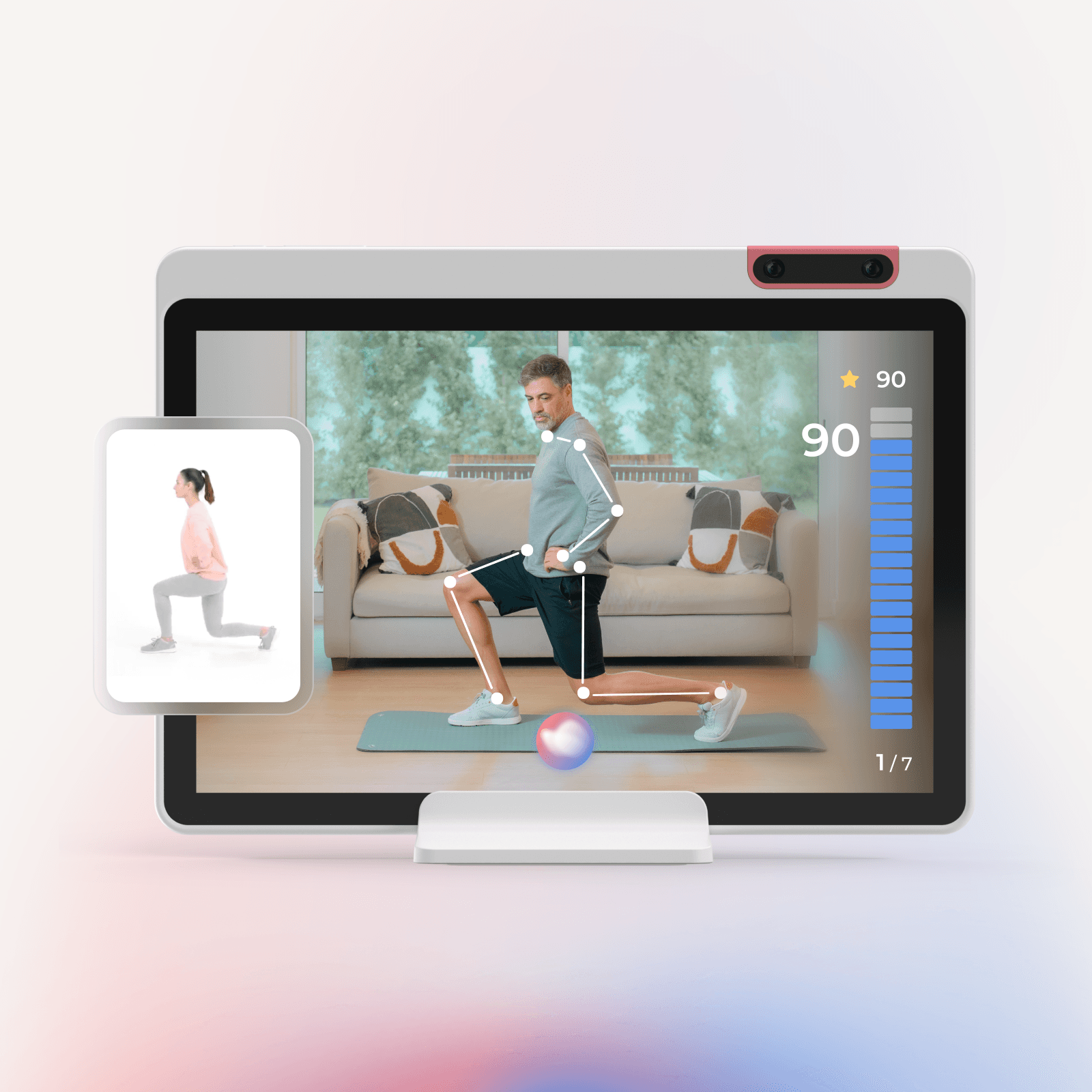A person doing lunges in front of a screen displaying a virtual trainer and performance metrics in a living room setting.