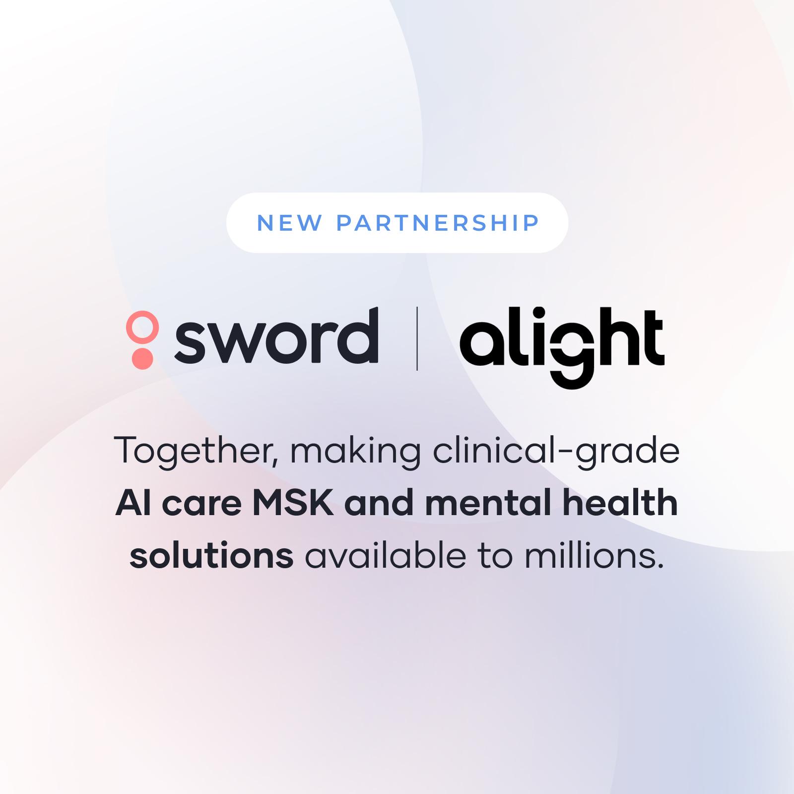 "New partnership announcement between Sword and Alight for AI care MSK and mental health solutions, with a soft gradient background."