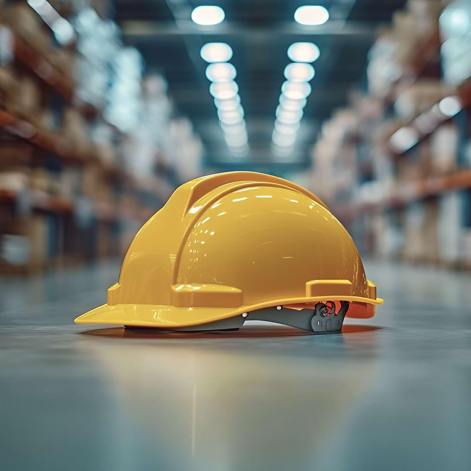 Yellow hard hat on a smooth warehouse floor, with blurred shelves and lighting in the background, creating a sense of depth.