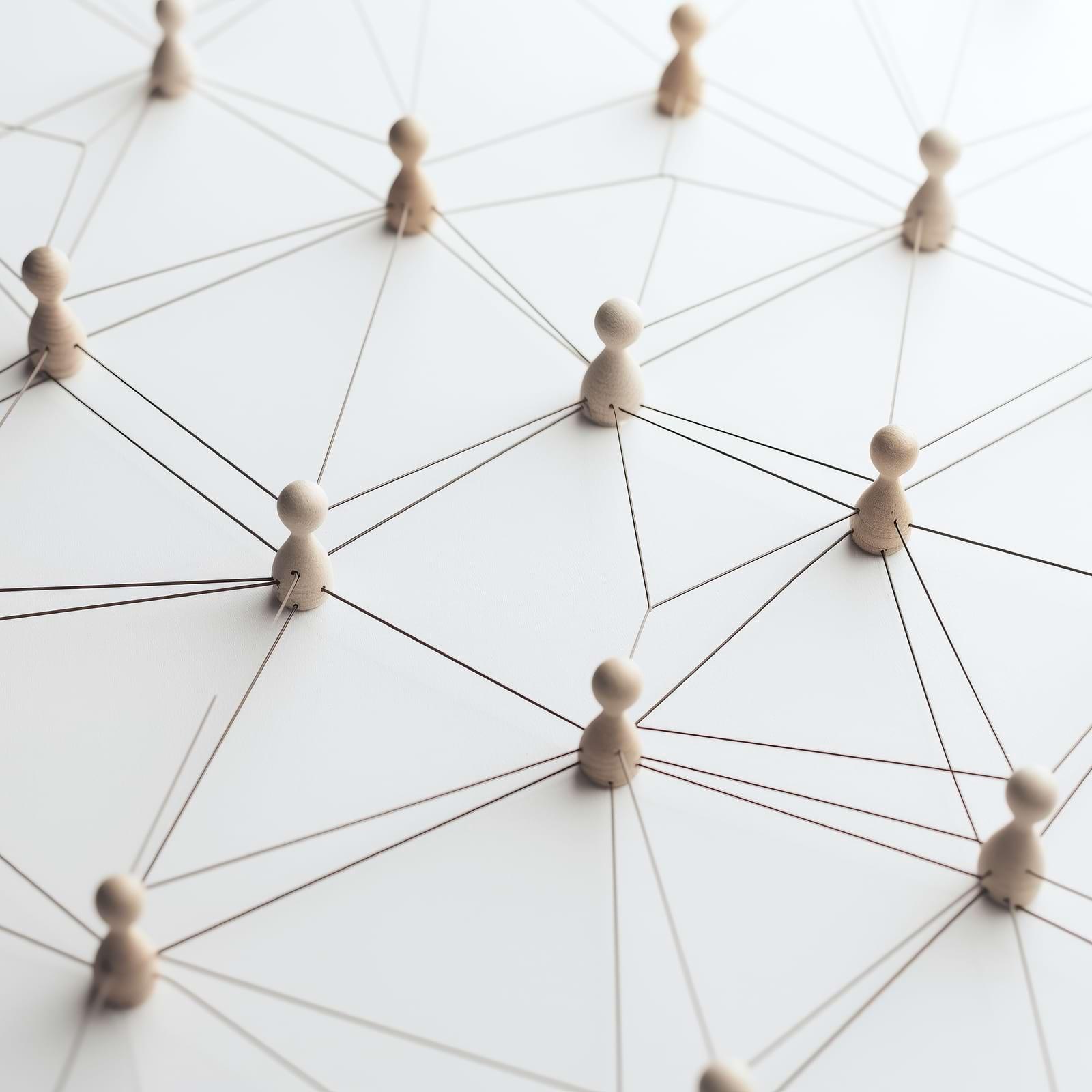 Wooden figures connected by lines on a white surface, illustrating a network or social connection concept.
