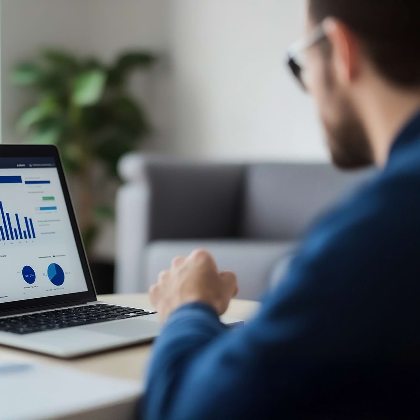 Person in blue shirt analyzing charts on a laptop screen at a desk, with a blurred background featuring a plant and a couch.