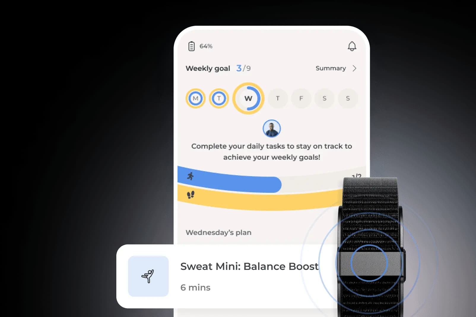 Smartphone screen displaying a fitness app with weekly goals, daily tasks, and a 6-minute workout plan. A fitness tracker is nearby.