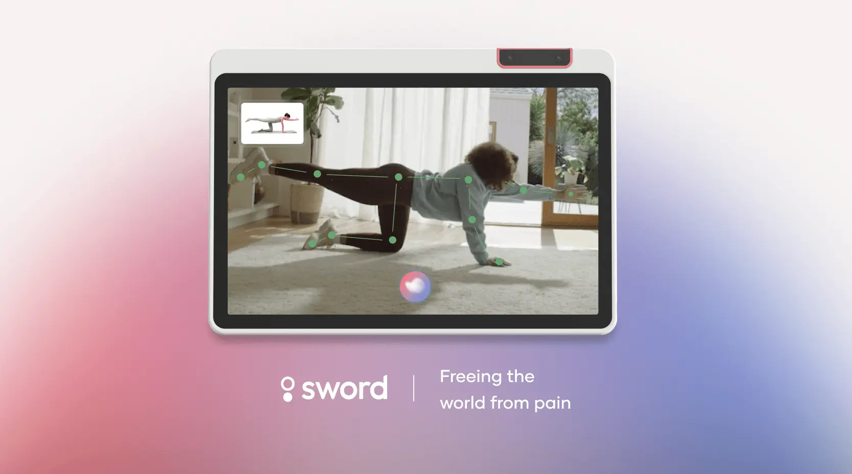 A person doing a physical exercise on all fours, displayed on a screen with motion tracking dots. Text: "Sword - Freeing the world from pain."