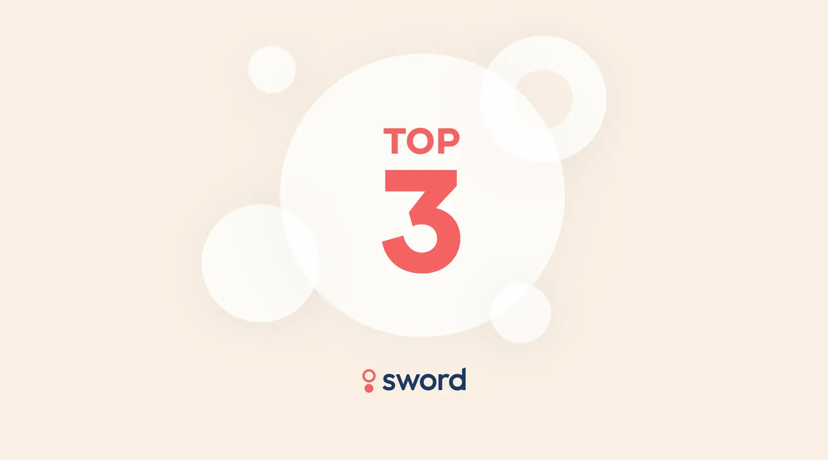 "Top 3" text in red on a beige background with white circles, above the logo and text "sword."