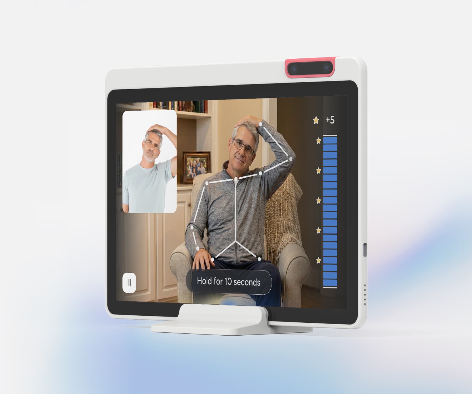 A man sits in a living room doing a neck stretch while following an exercise video on a screen, which displays a progress bar, timer, and an outline tracking his body movement.