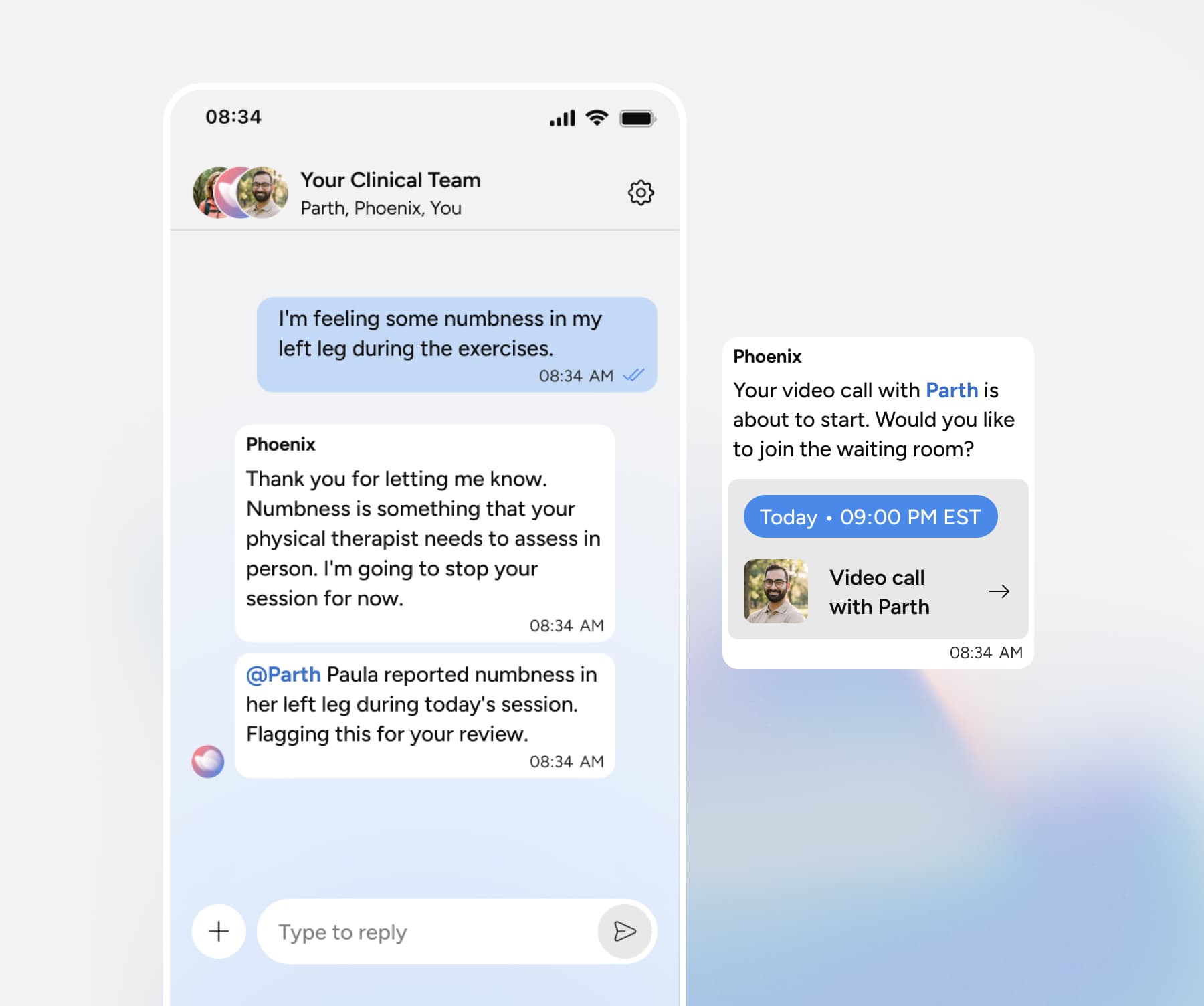 A smartphone screen shows a chat about numbness after exercises, advice to stop the session, and a reminder for a video call with Parth today at 9 PM. Medical team members icons are visible.
