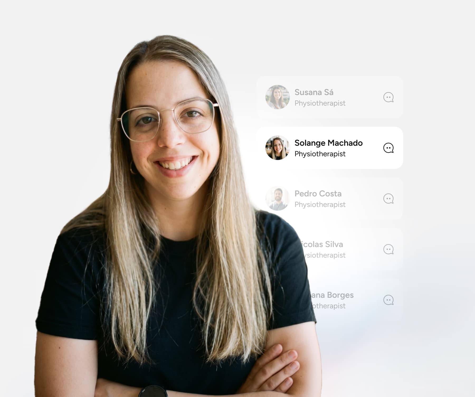 A smiling woman with long blonde hair and glasses stands with arms crossed. Next to her is a list of physiotherapists’ names, with Solange Machado highlighted. The background is white and minimalistic.