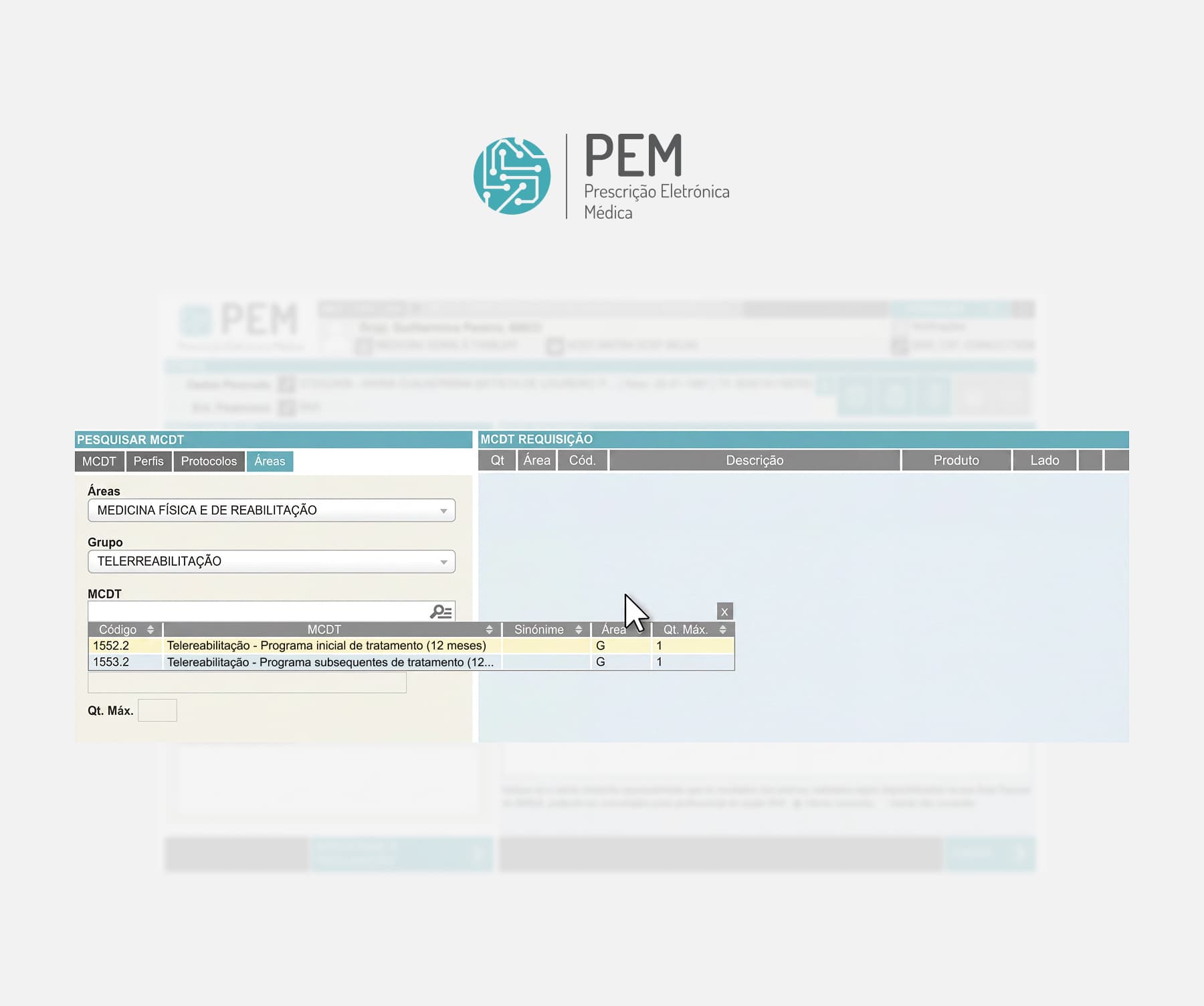 Screenshot of the PEM (Prescrição Eletrônica Médica) interface showing a form for selecting Tele-reabilitação under Medicina Física de Reabilitação with a highlighted dropdown menu.