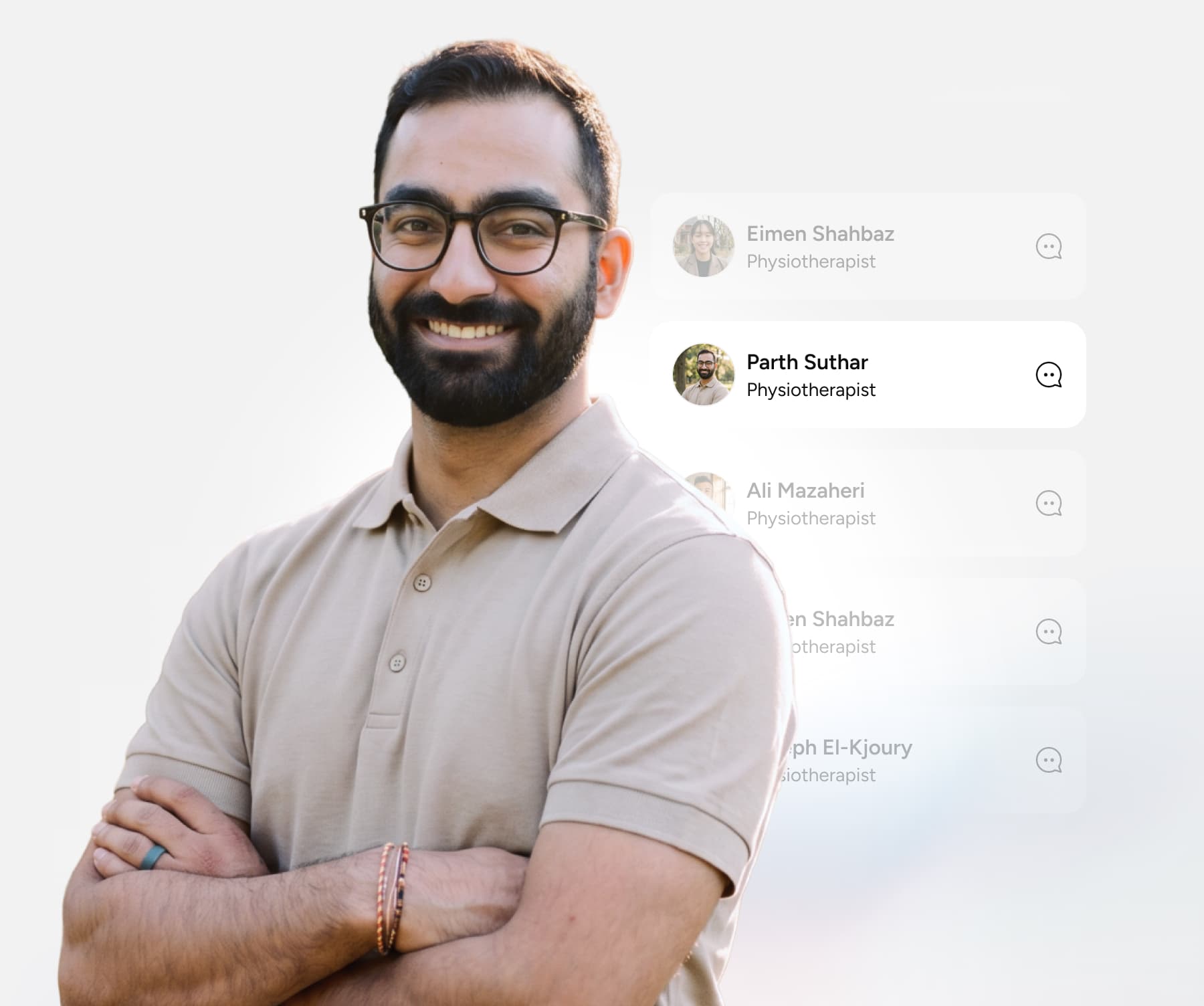 A smiling man with glasses and a beard stands with arms crossed, wearing a beige polo shirt. Behind him are transparent profiles, one highlighted with the name Parth Suthar, Physiotherapist..