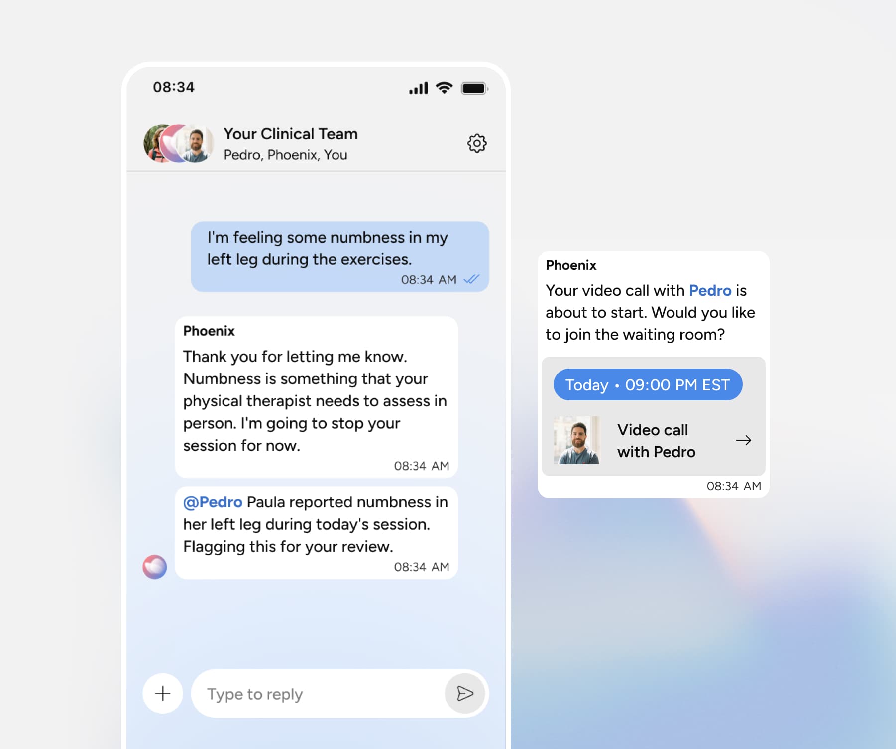 A mobile app screen shows a chat between a patient and clinical team about numbness, with a notification for a video call with Pedro at 9:00 PM EST. The interface is clean with blue and white tones.
