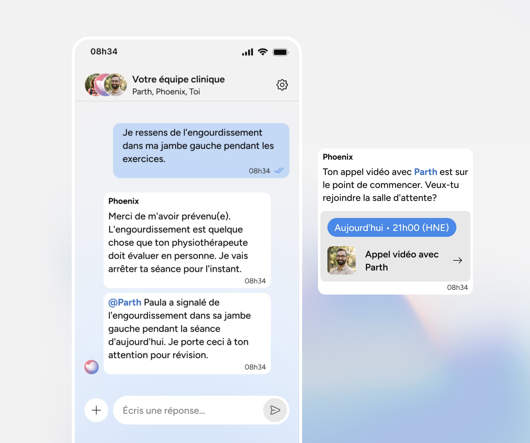 A mobile chat app shows a conversation about numbness in a patients left leg, a therapists advice, and a reminder for a video call scheduled for today at 21:00 with Parth.