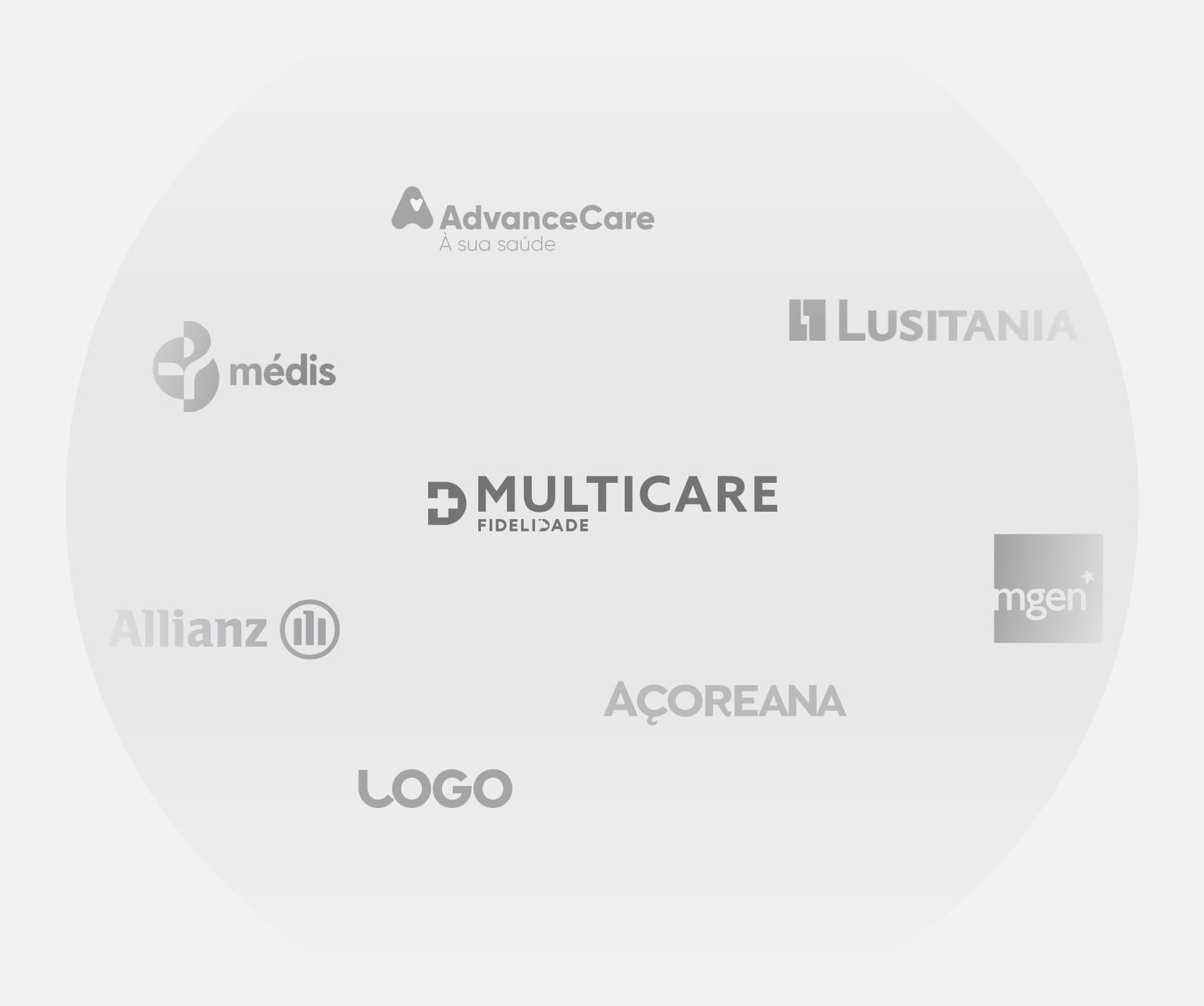 A white background displays the logos of several insurance companies, including AdvanceCare, Lusitania, Médis, Multicare, Allianz, Açoreana, LOGO, and Amgen. The Multicare logo appears in the center.