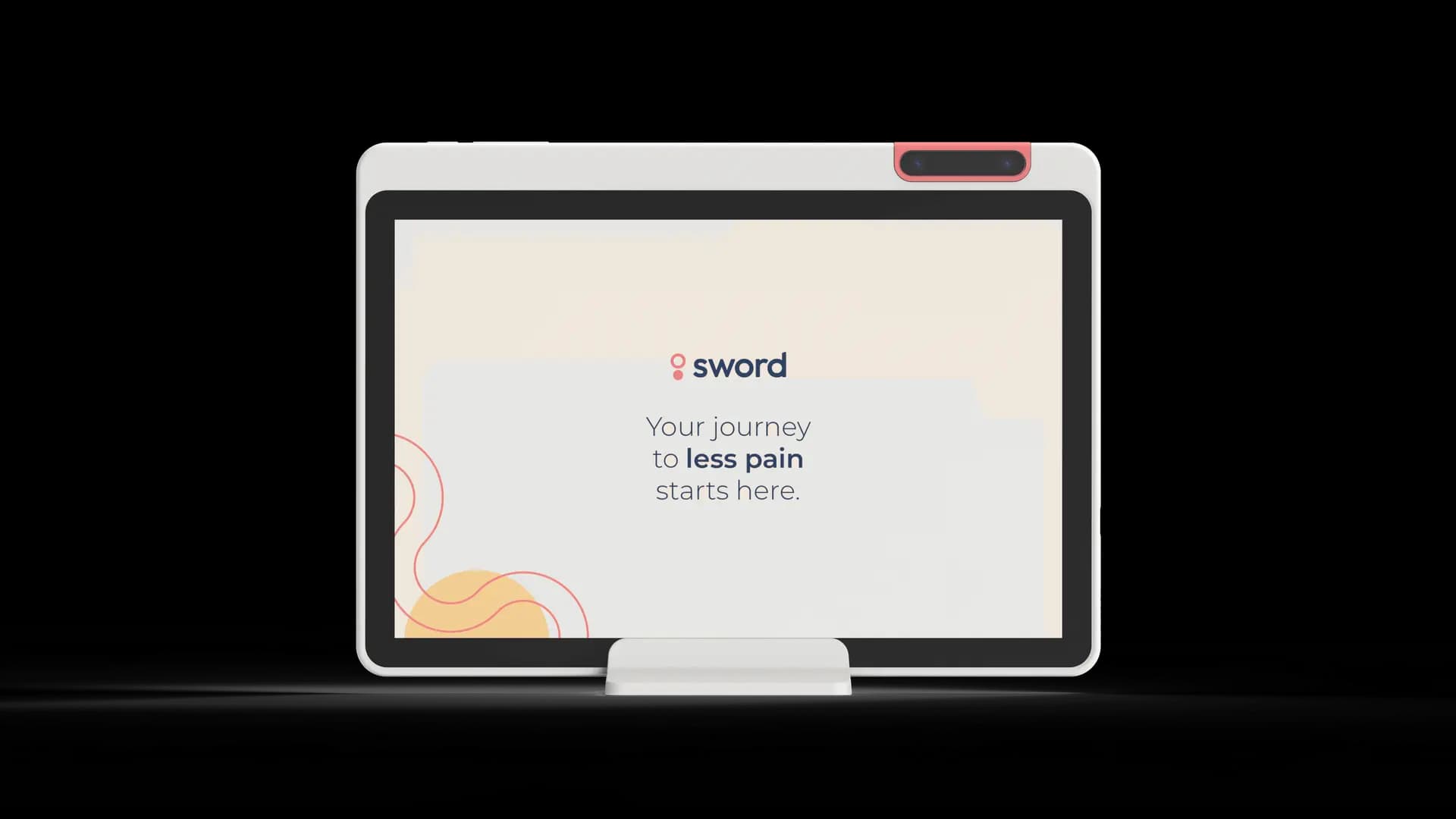 A tablet displaying a screen with the Sword Health logo and the text "Your journey to less pain starts here," on a stand.