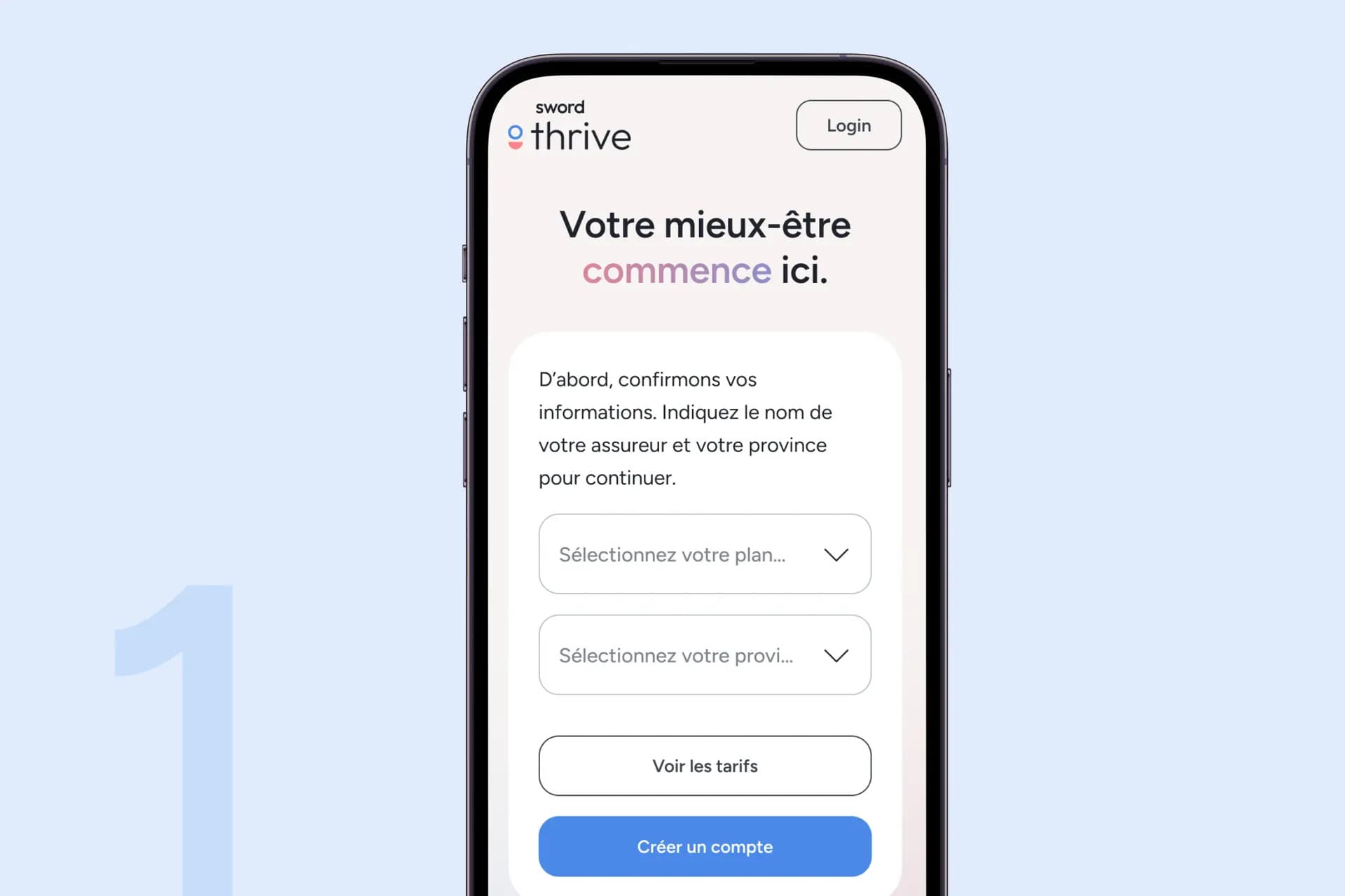 Écran de smartphone affichant une page d'inscription pour l'application Thrive, demandant le plan d'assurance et la province de l'utilisateur.
