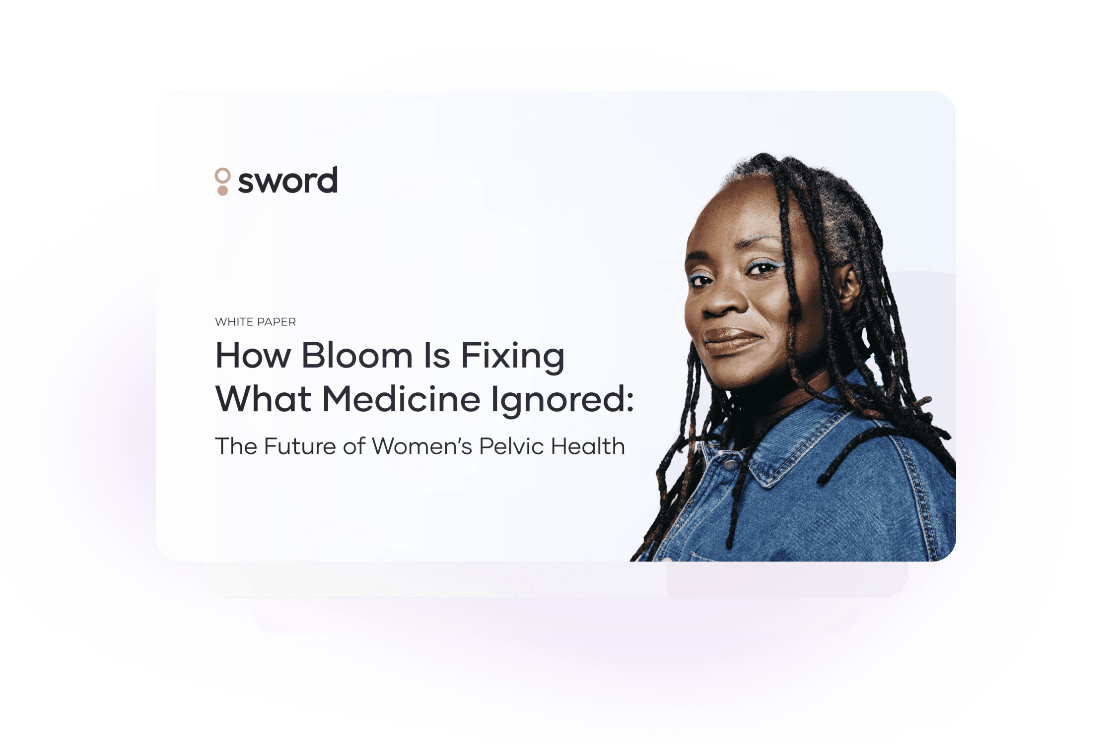 A woman with long braids and a denim jacket smiles in profile on the right. On the left, text reads: How Bloom Is Fixing What Medicine Ignored: The Future of Womens Pelvic Health. The logo sword appears at the top.