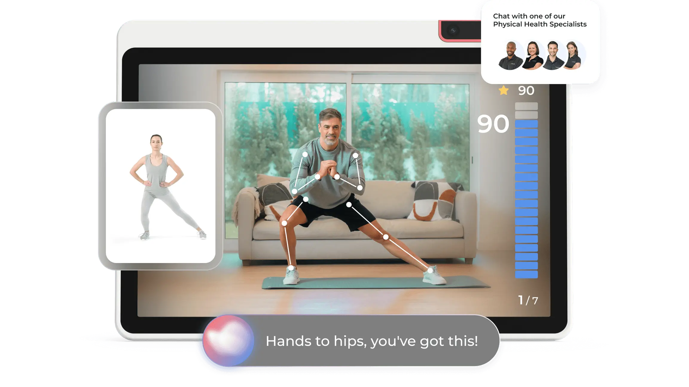 A person exercising indoors with a virtual trainer on a screen, showing a side lunge. Chat option with health specialists is available.