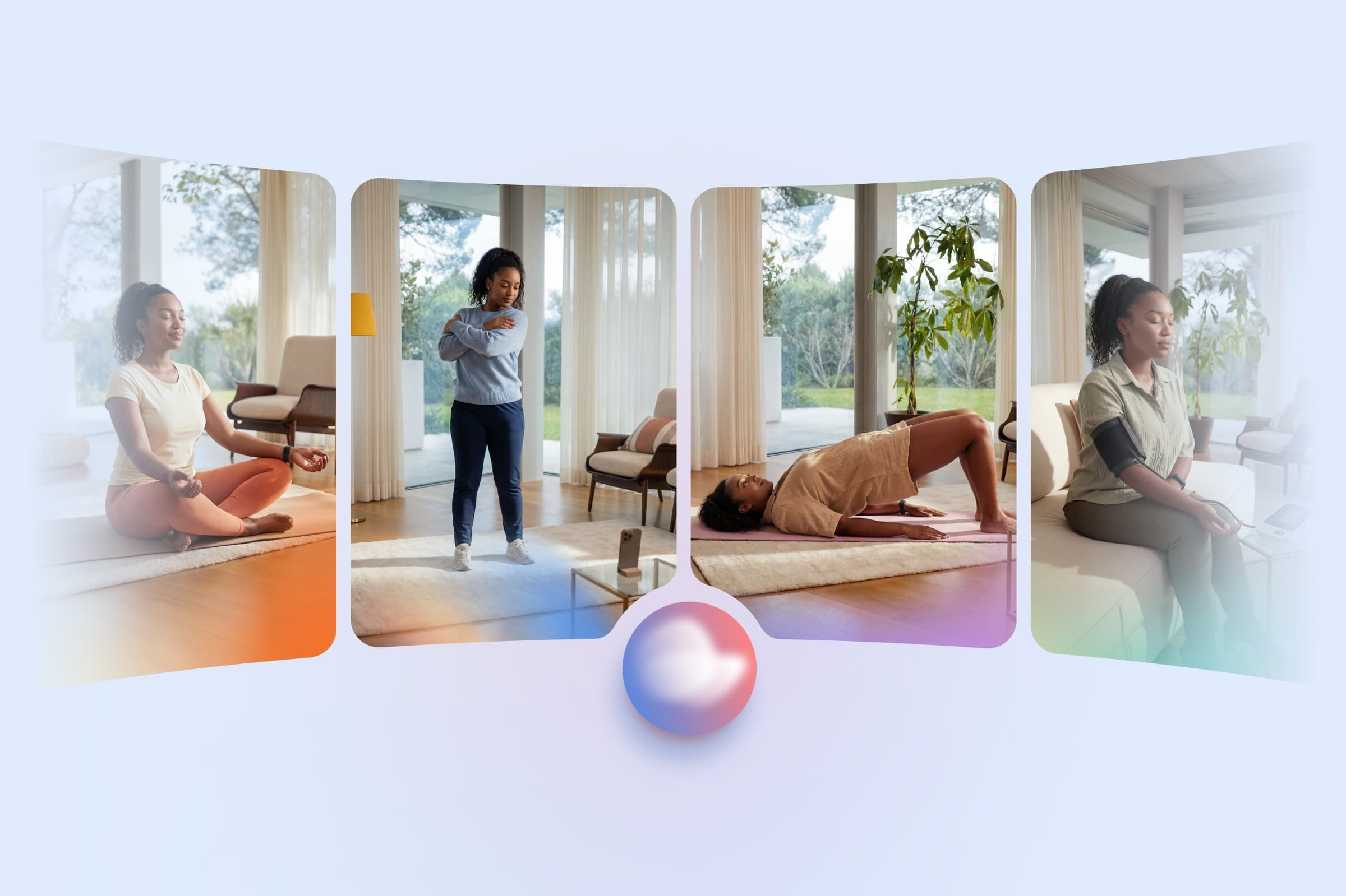 A woman practices wellness at home: meditating on the floor, exercising, doing a bridge pose, and sitting calmly with eyes closed, surrounded by soft natural light and greenery outside.