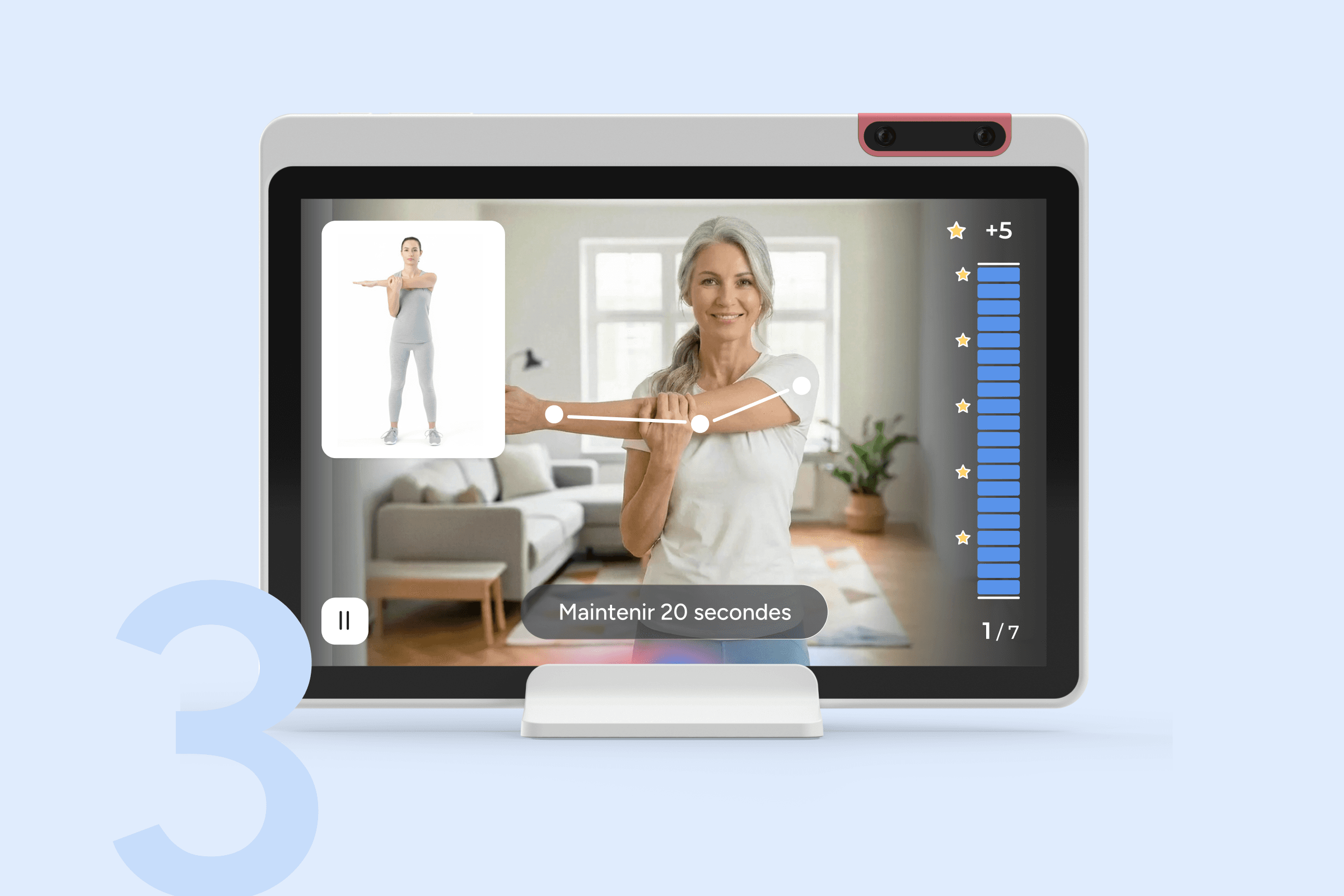 A computer screen displays a woman following an exercise routine, matching her arm position to an on-screen guide. A progress bar and timer are visible, with the prompt “Maintenir 20 secondes” (Hold for 20 seconds).