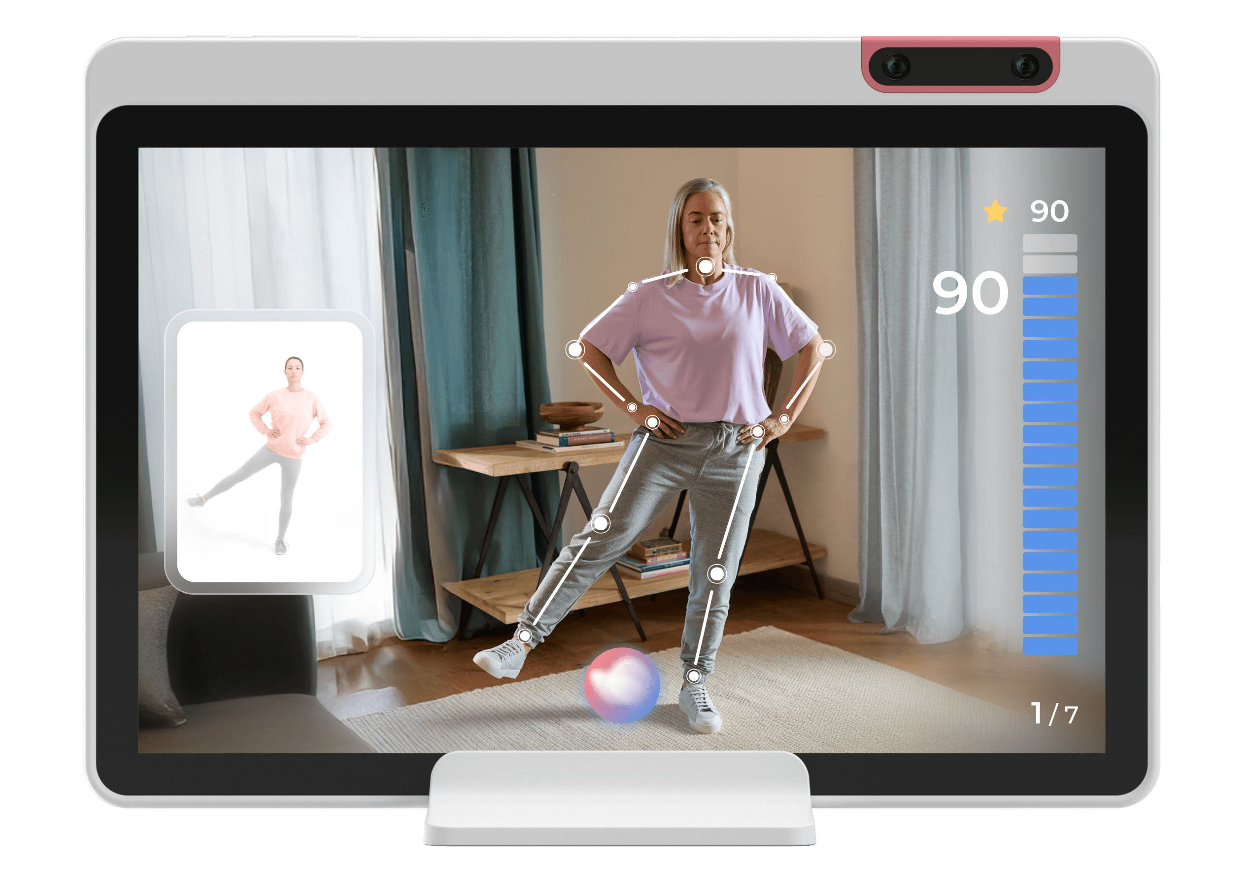 A computer screen displays a virtual fitness program. A woman follows an on-screen instructor, mirroring a leg exercise. Motion tracking dots highlight her joints, and a progress bar and score are shown on the right.