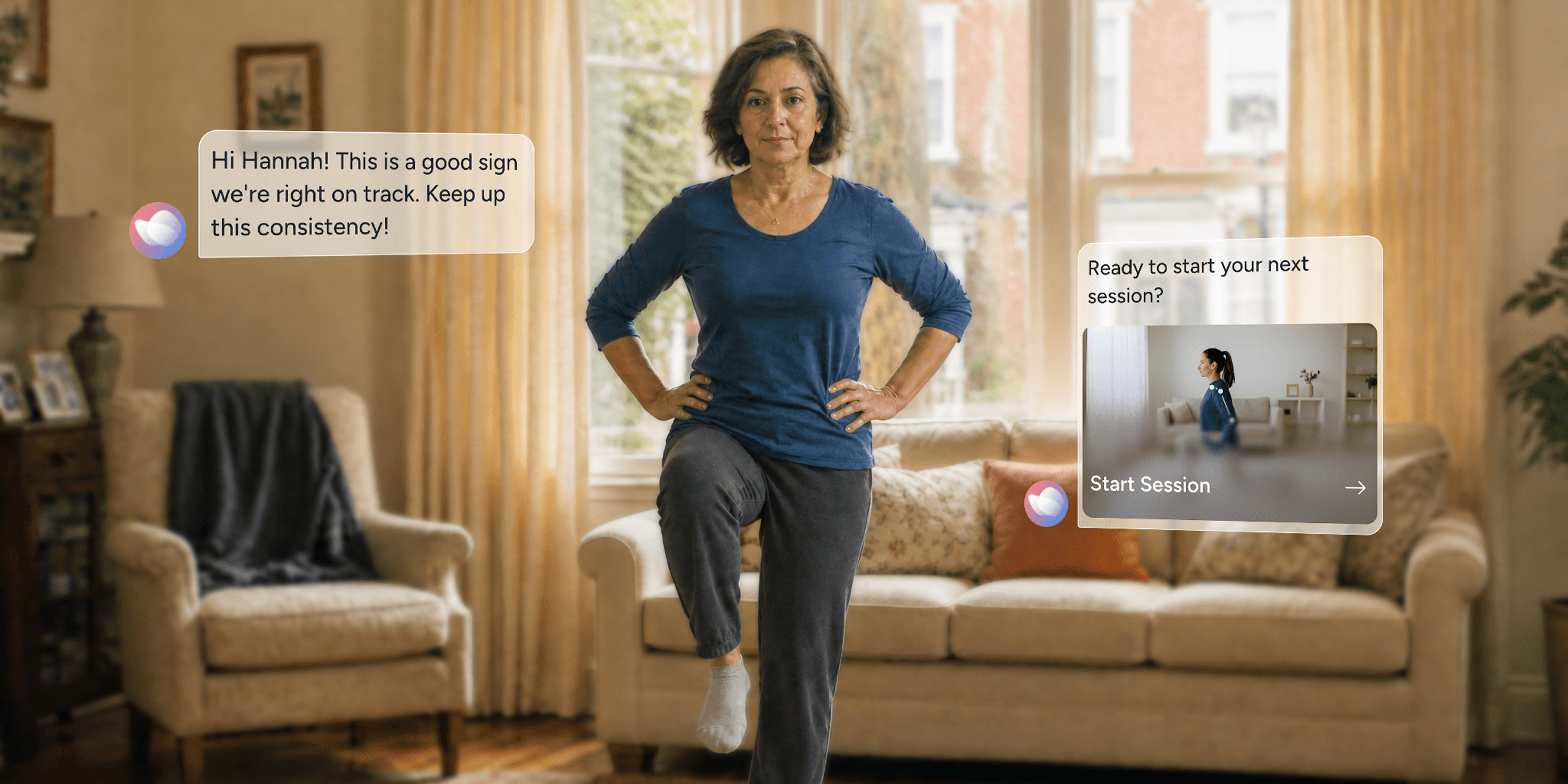 A woman exercises in her living room, standing on one leg. Virtual messages encourage her progress and prompt her to start her next session. The room is warmly lit and decorated with plants and a couch.
