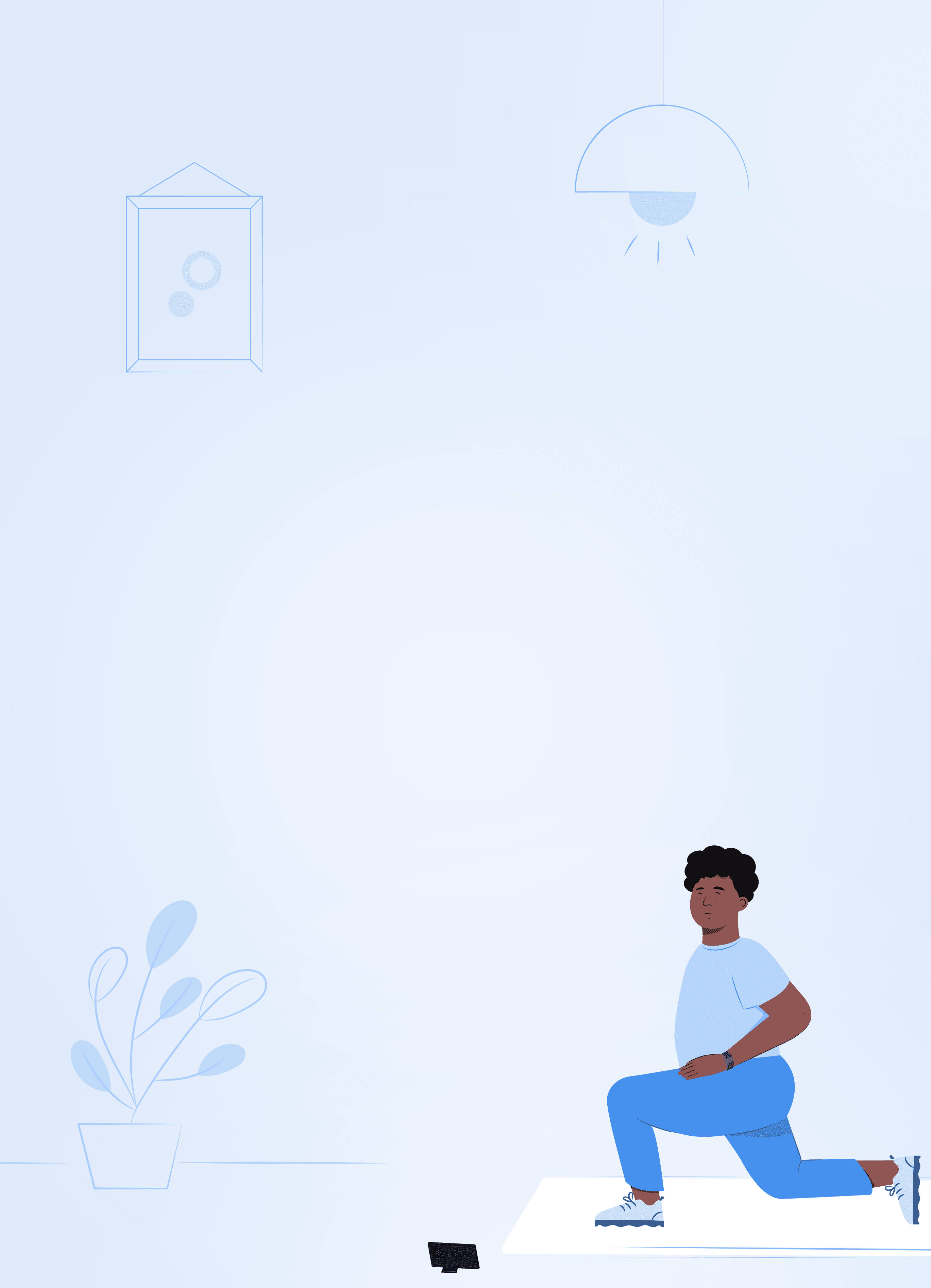 Person exercising indoors, performing lunges on a mat. Minimalist room with a plant, wall art, and hanging lamp.