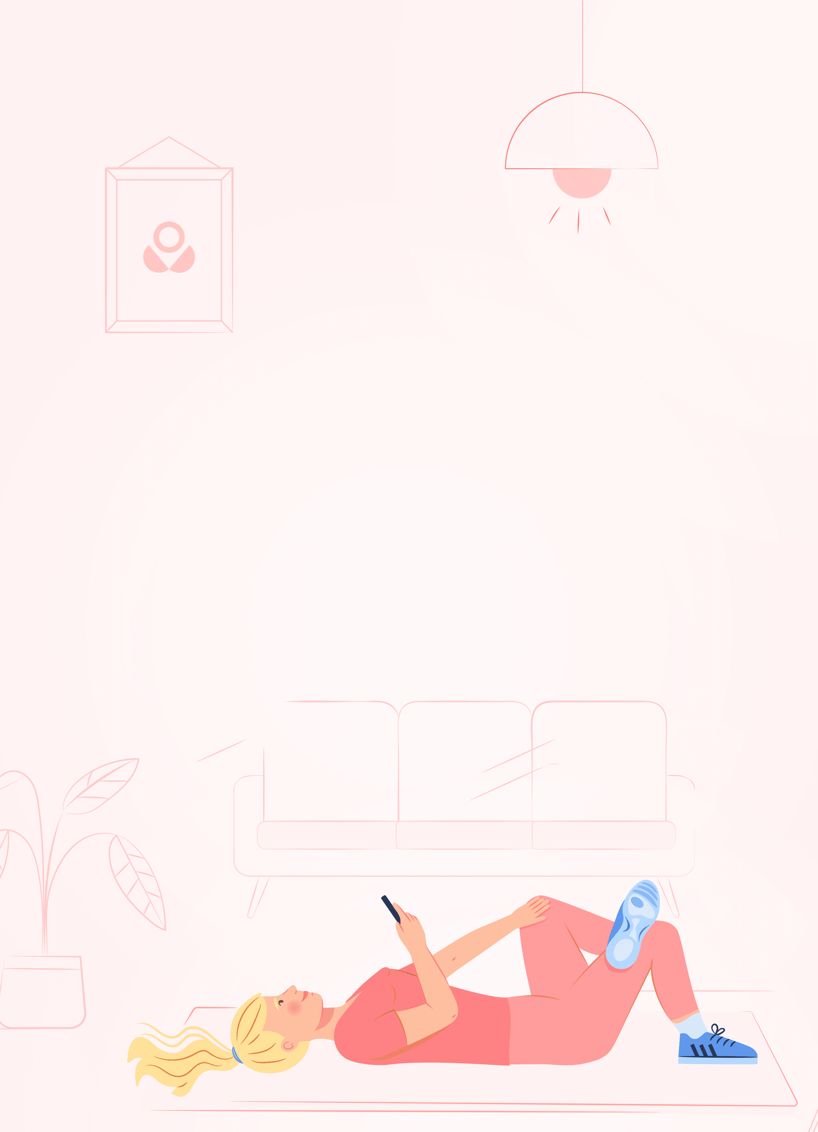 Woman lying on a yoga mat indoors, holding a smartphone. She's wearing pink workout clothes and blue sneakers. Minimalist room decor.
