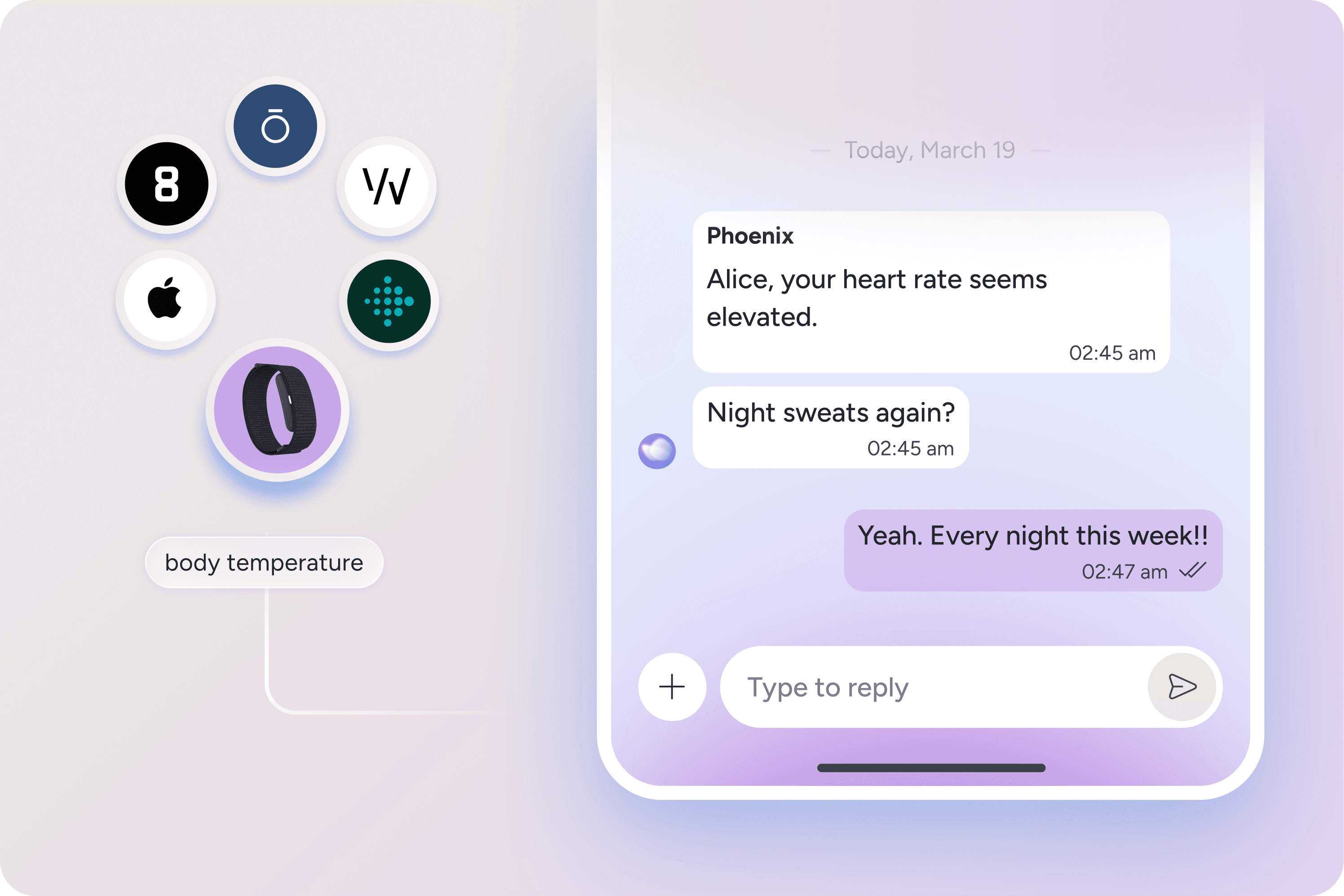 A smartphone screen displays a chat about elevated heart rate and night sweats, next to icons of wearable devices and a highlighted fitness tracker labeled body temperature.
