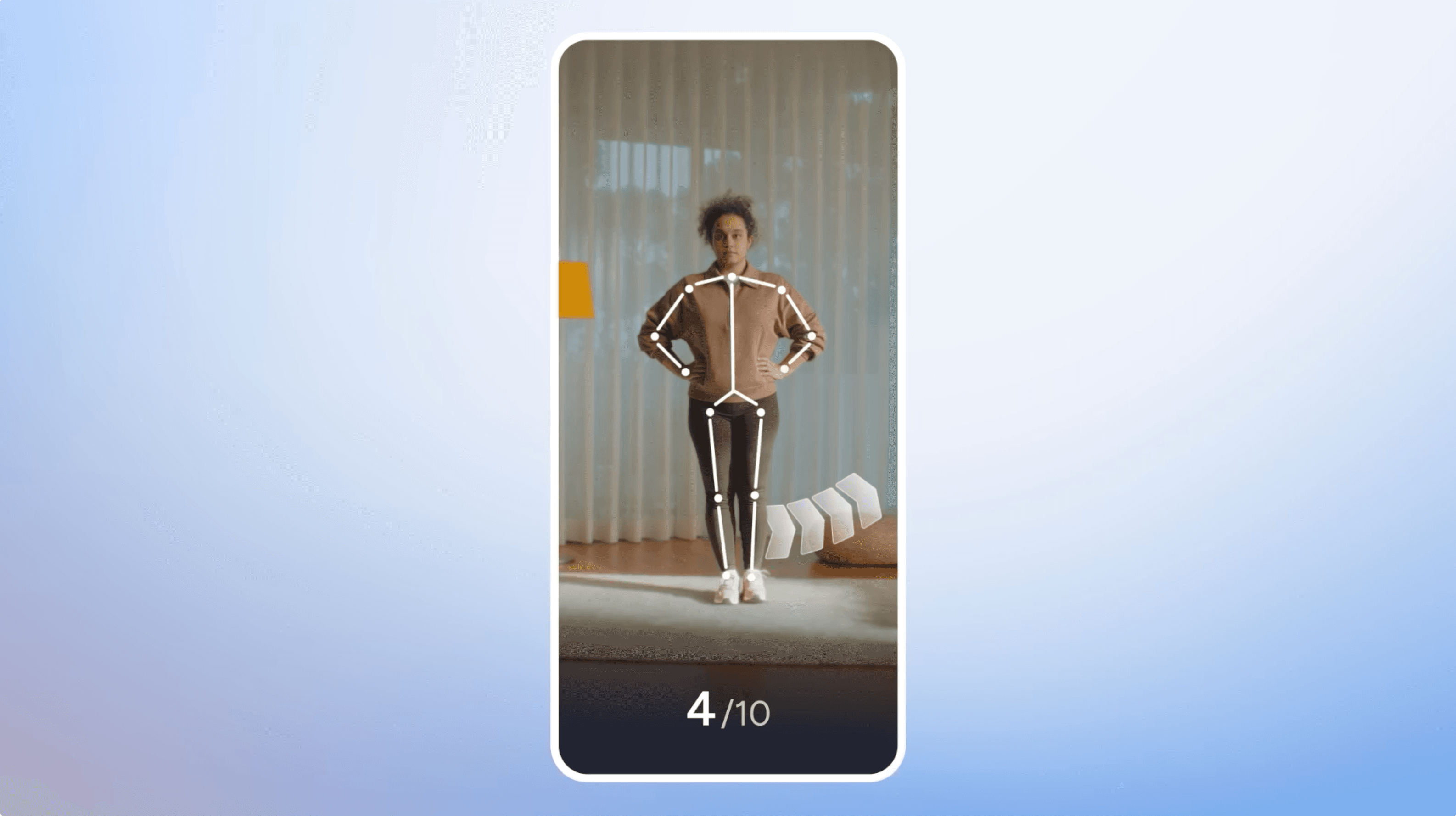 A woman stands with hands on hips in a well-lit room, overlaid with motion-tracking lines on her body. A score of 4 out of 10 is displayed at the bottom of the smartphone screen framing the scene.