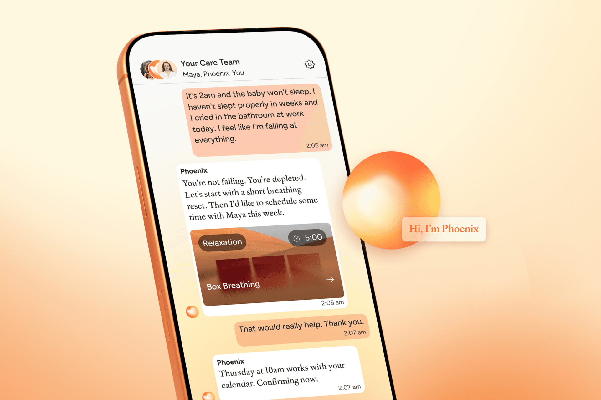 A smartphone screen shows a chat with a care team. A user shares feeling overwhelmed from lack of sleep, and Phoenix, a supporter, replies with reassurance and a box breathing relaxation exercise.