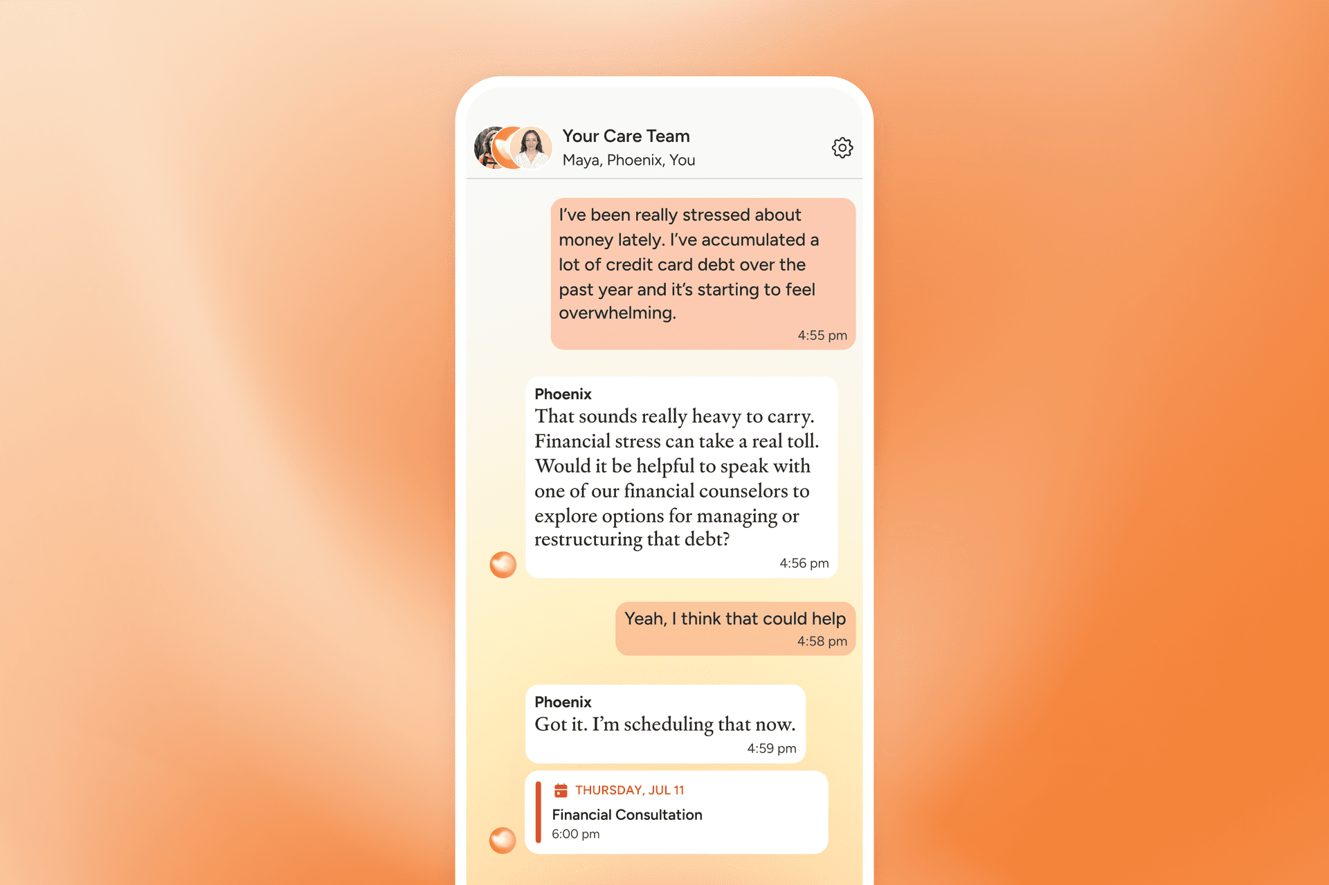 A smartphone screen shows a chat conversation about financial stress. The user mentions credit card debt, and a care team member offers support and suggests a consultation. The chat background is a soft orange gradient.