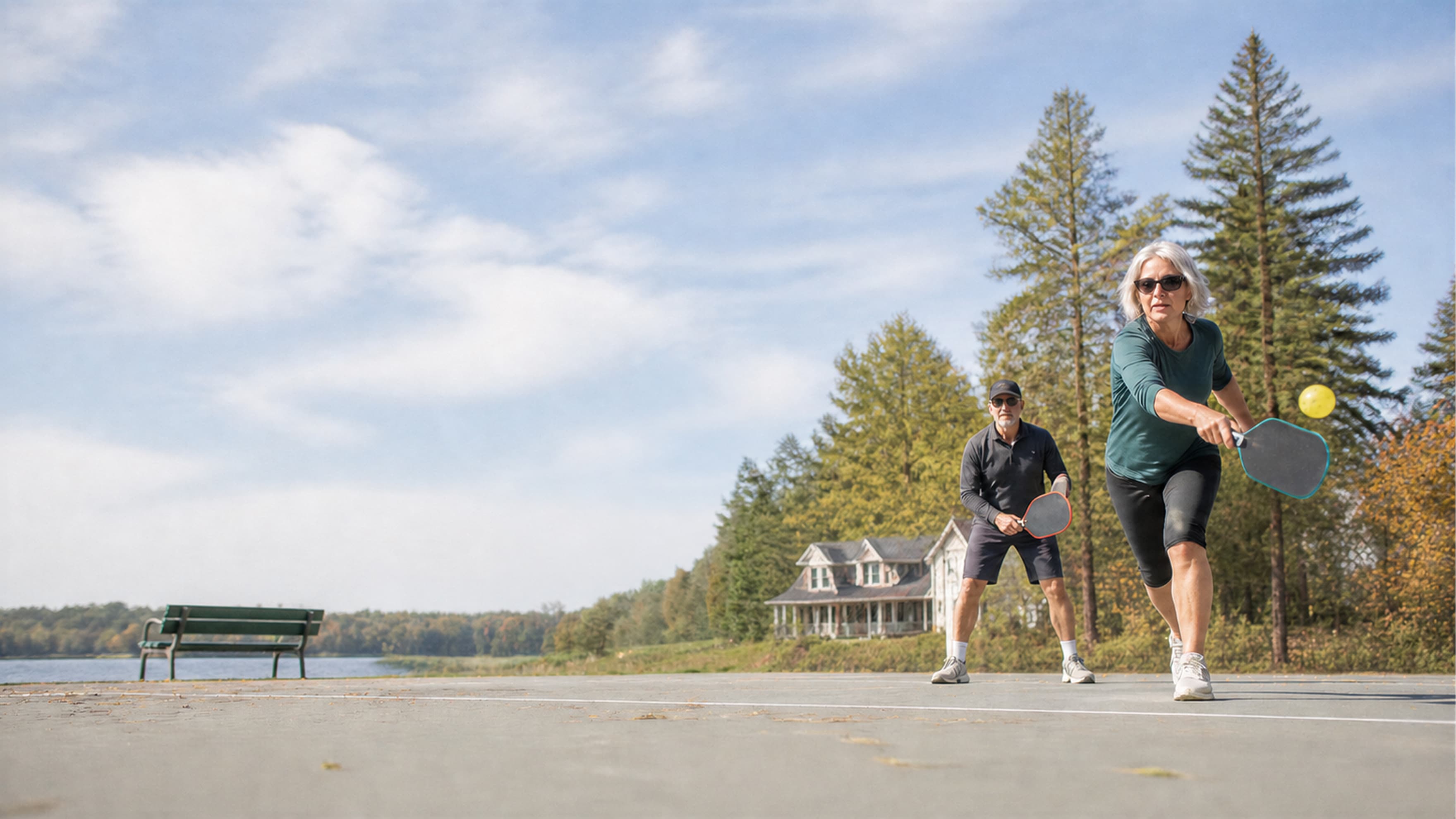 Two people play pickleball outdoors on a sunny day near a lake, with trees and a house in the background. One person is about to hit the ball with a paddle, while the other stands ready behind them.