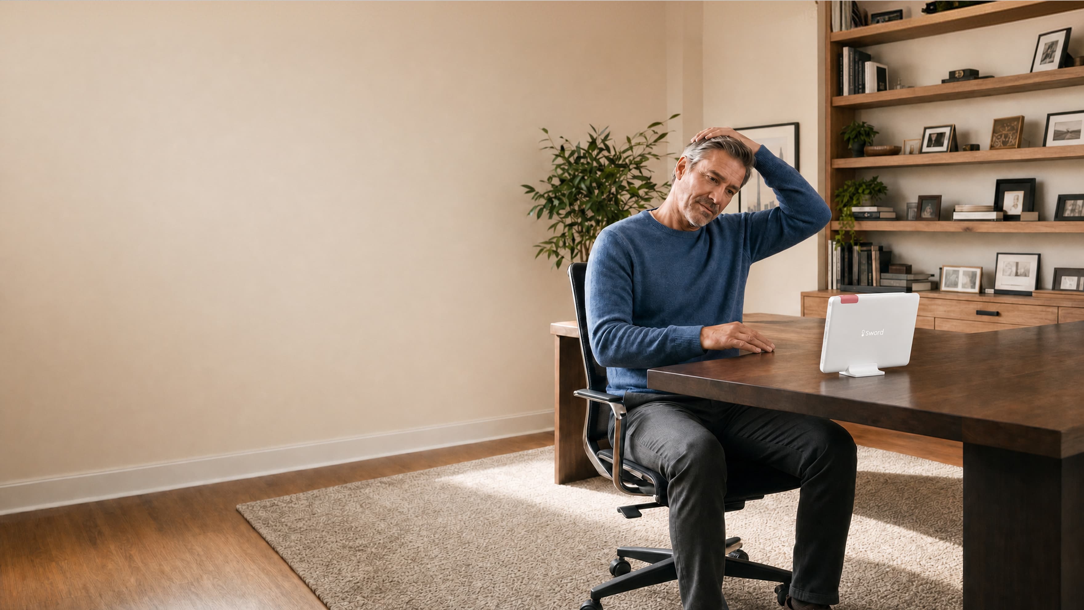 A man sits at a desk in a home office, looking thoughtful while touching the back of his head. A device is on the desk in front of him, and shelves with books and photos are in the background.