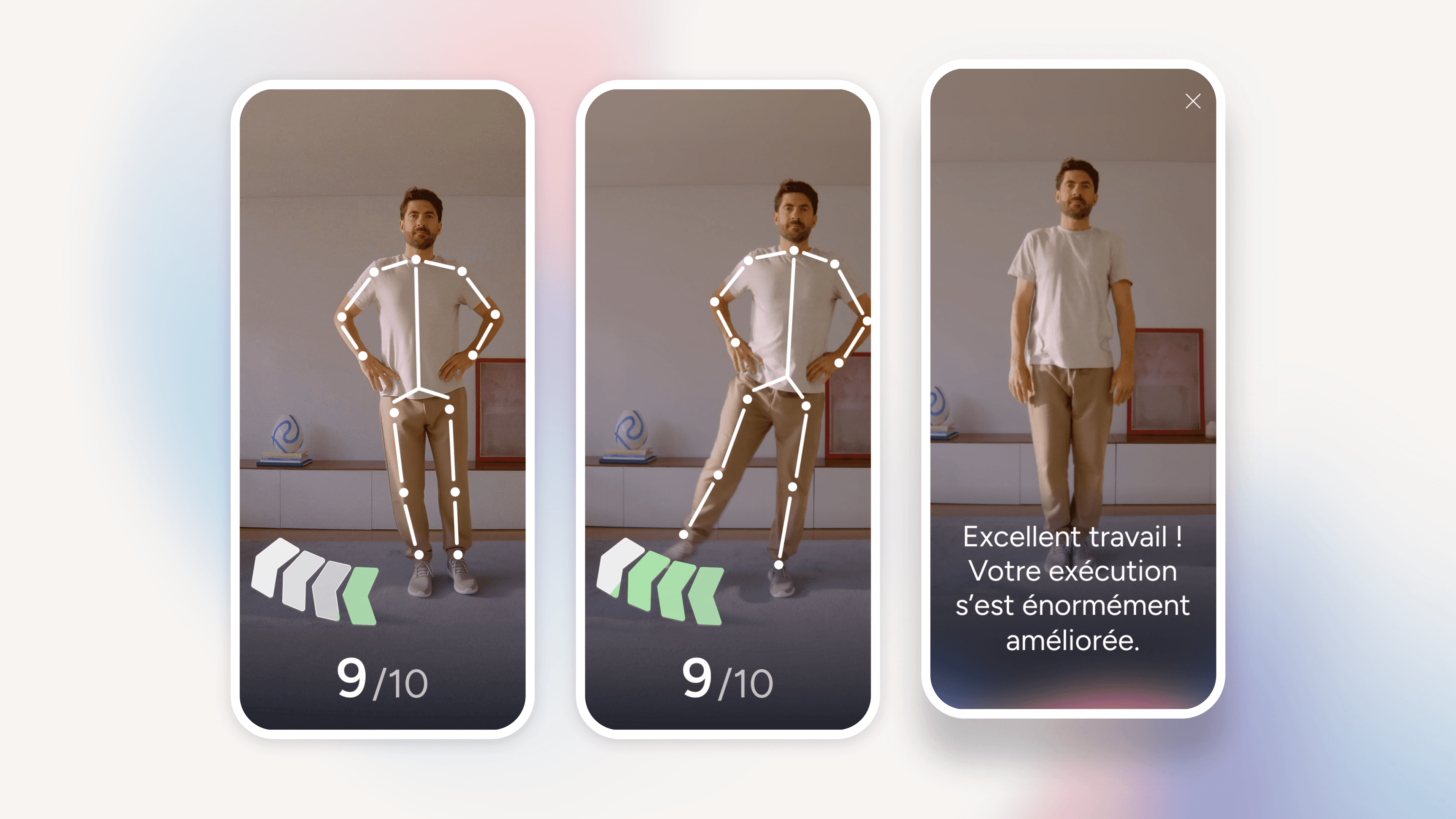 Trois cartes d’application montrant un homme debout avec suivi des mouvements et message indiquant une amélioration de l’exécution.