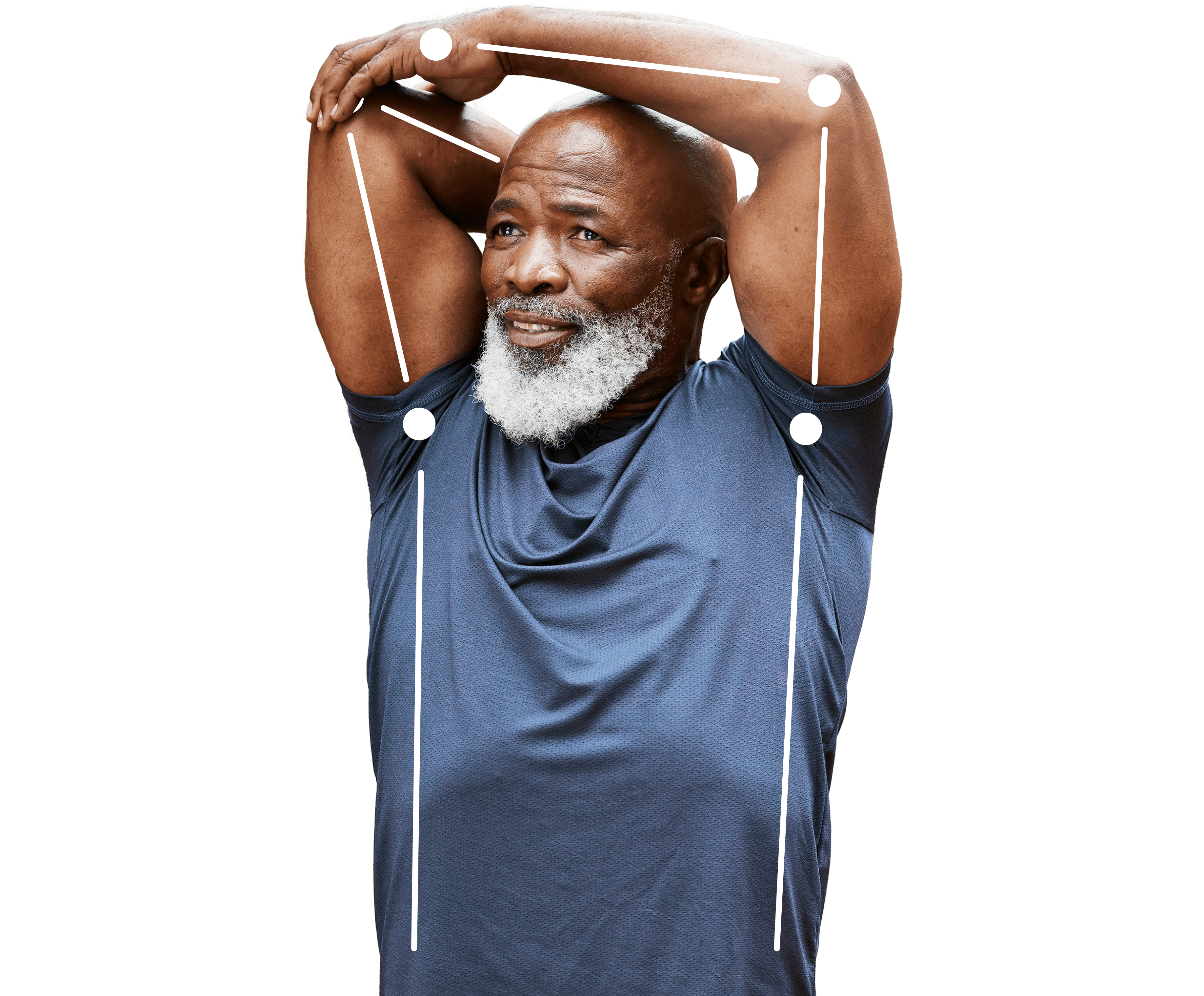 An older man with a gray beard stretches his arm over his head, wearing a blue shirt. Simple white lines and dots highlight the angles of his arms against a plain background.