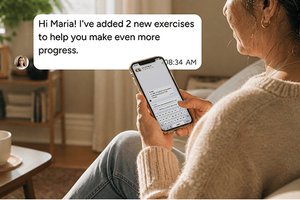 Person sitting on a couch, holding a smartphone with a message app open, reading a supportive exercise update.