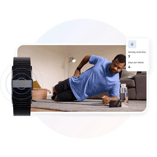 Man doing a side plank indoors with a fitness tracker and water bottle nearby; screen shows weekly activity stats.