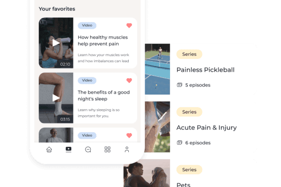 Mobile app screen showing a favorites list with health-related videos and series. Video thumbnails, titles, durations, and brief descriptions are visible. Navigation icons appear at the bottom.
