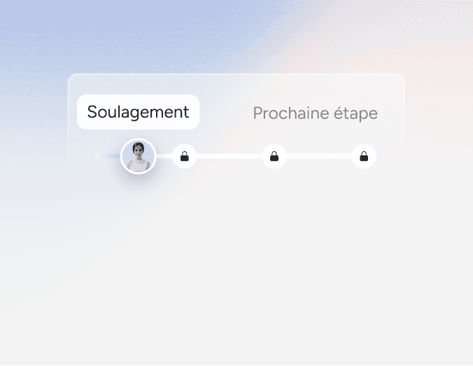 A progress bar with four steps, the first labeled Soulagement and highlighted, showing a users profile photo. The next three steps are locked and labeled Prochaine étape. Background is a soft gradient.