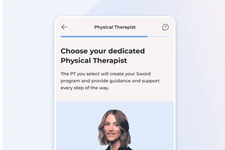 Mobile app screen showing a selection for a dedicated physical therapist, with a woman's photo and text about creating a personalized program.