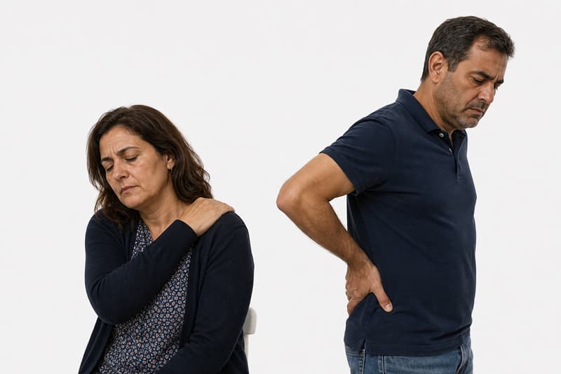 A woman sits touching her shoulder and looking down in discomfort, while a man stands beside her with his hand on his lower back, also appearing to be in pain. Both wear dark clothing against a plain background.