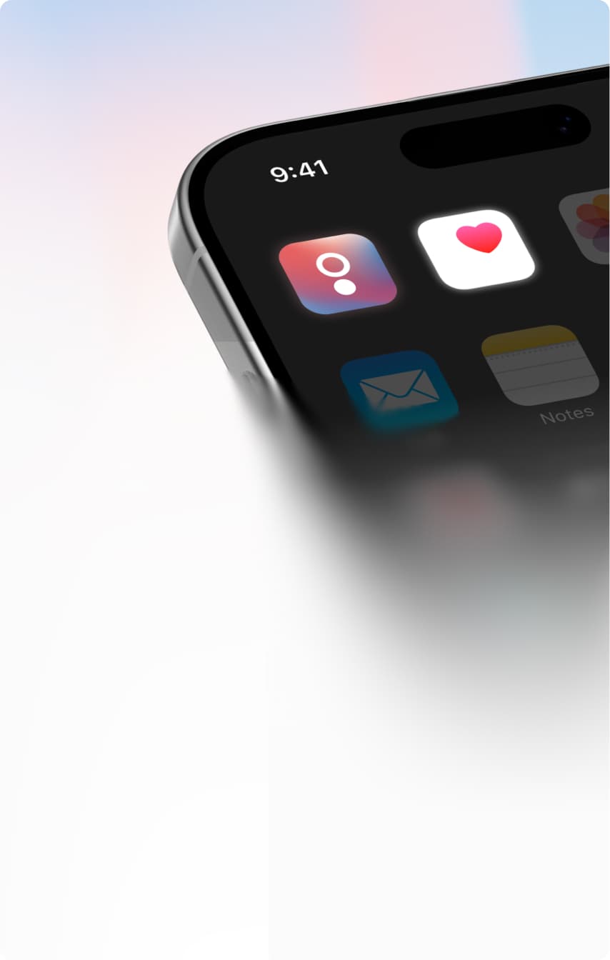 A close-up of the top corner of a smartphone screen showing app icons, including a heart icon, the Mail app, and the Notes app, with a blurred white background.
