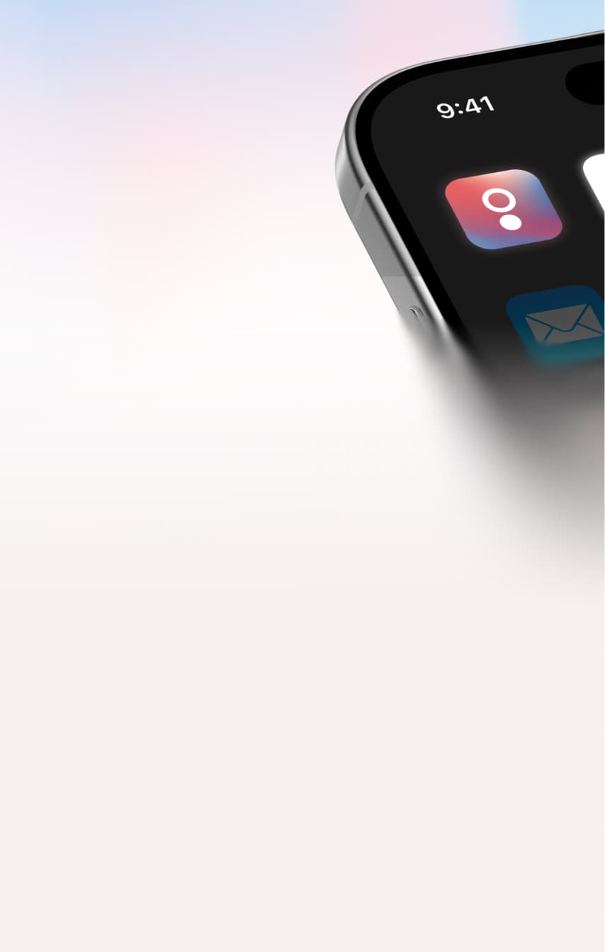 A close-up of the top right corner of a smartphone, displaying the time as 9:41 and two app icons on the screen. The background is softly blurred in pastel colors.