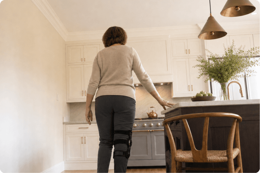A woman with a knee brace stands in a kitchen, lightly touching the counter for support. She faces away from the camera, and the kitchen features white cabinets, a stove, and modern lighting.
