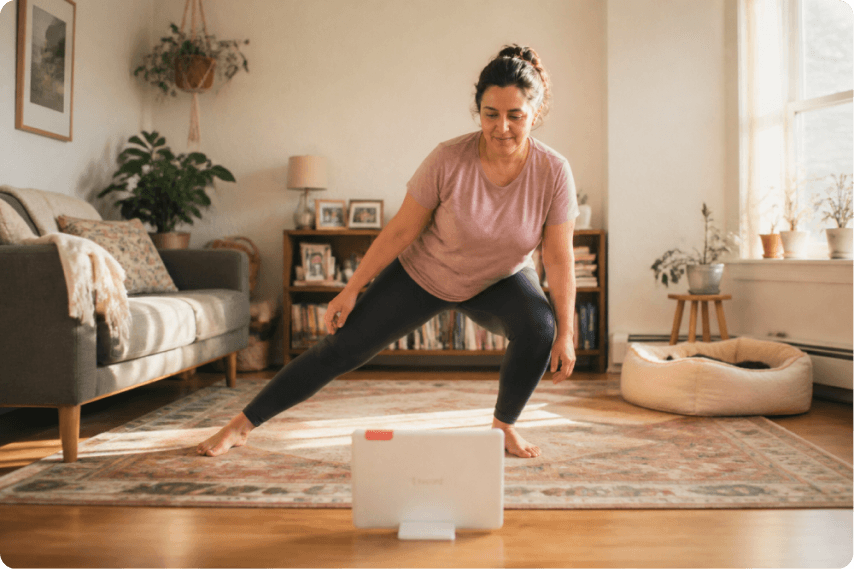 A woman in workout clothes does a side lunge in her living room while following an exercise video on a tablet. She is smiling, and the room has plants, a sofa, and natural light.